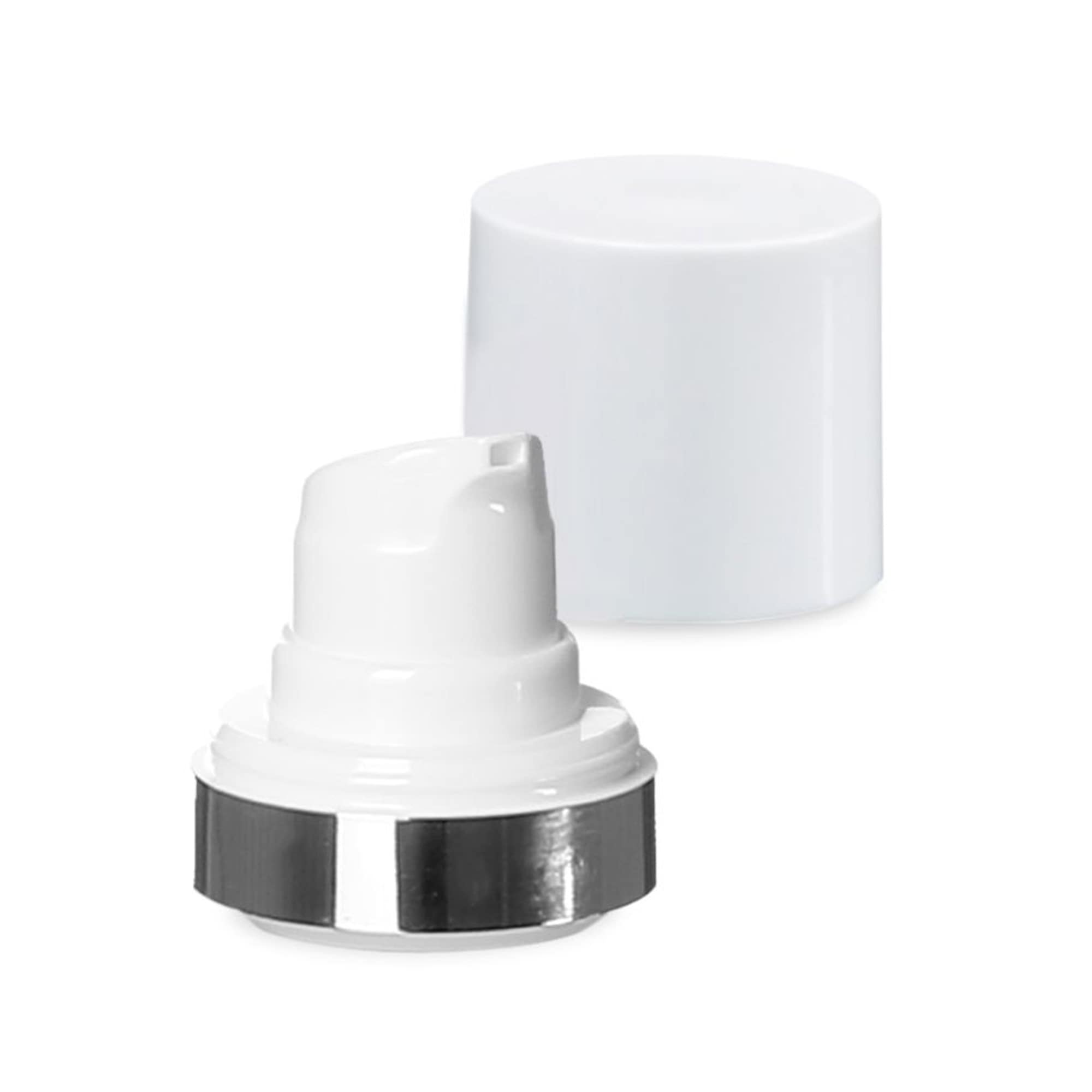 Airless hlava Micro strieborný okraj + biela, lesklá nasadzovacia krytka Airless hlava Micro strieborný okraj + biela, lesklá nasadzovacia krytka