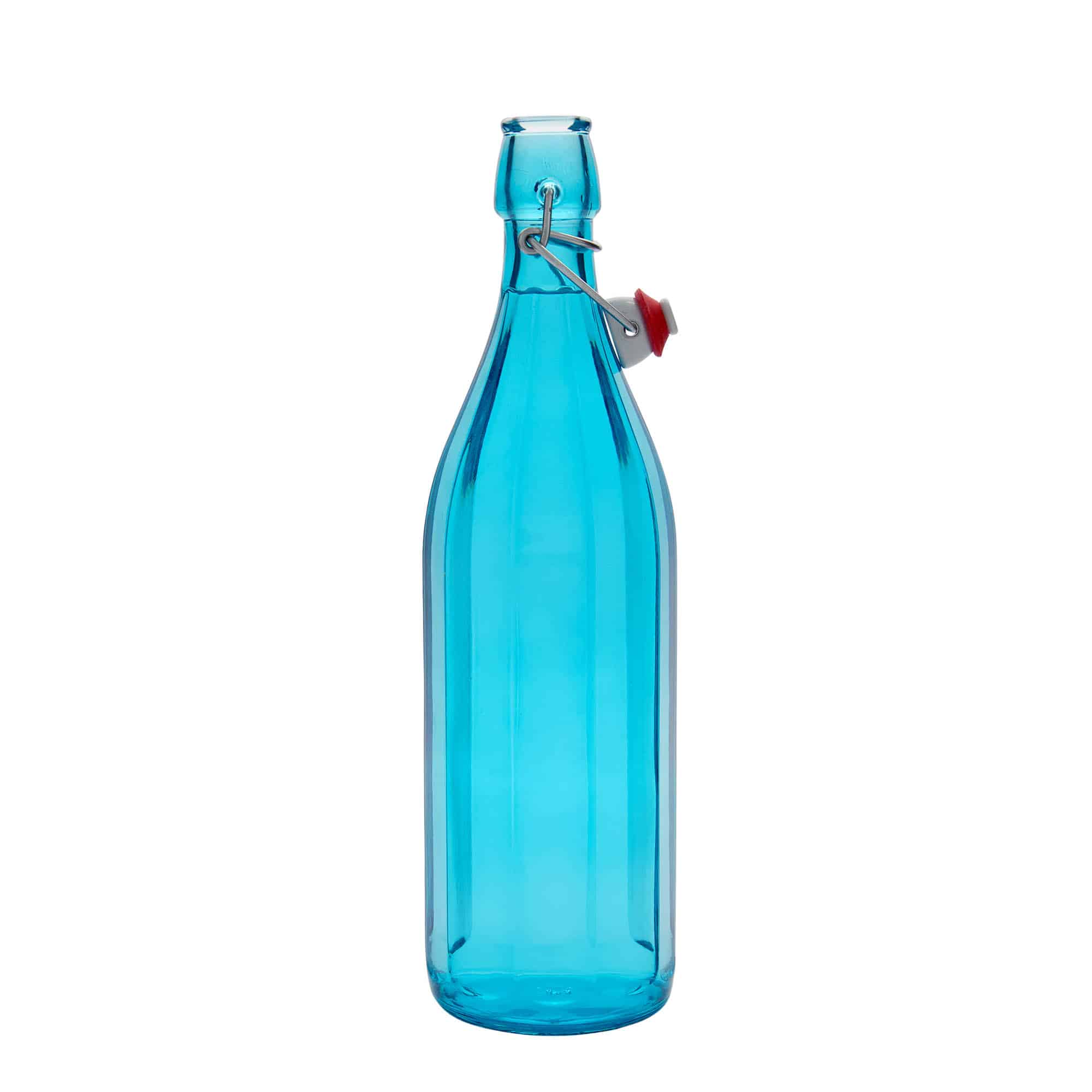 1 000 ml sklená fľaša „O x ford“, desaťhranná, azúrová farba, hrdlo: strmeňový uzáver