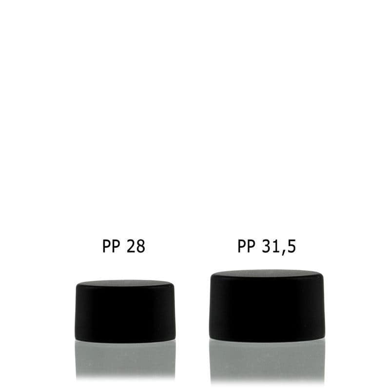 Skrutkovací uzáver, kov – plast, čierna farba, pre hrdlo: PP 28