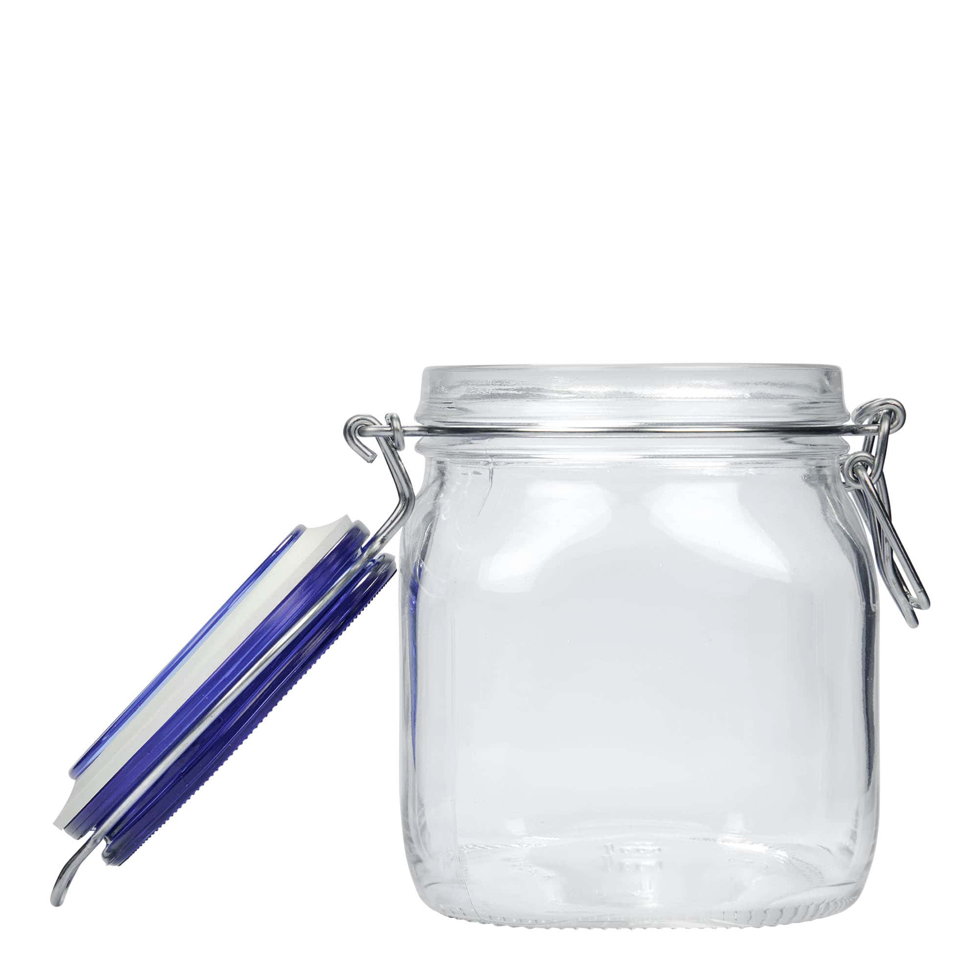 750 ml pohár so strmeňovým uzáverom „Fido“ Blue Top, štvorcový, hrdlo: strmeňový uzáver
