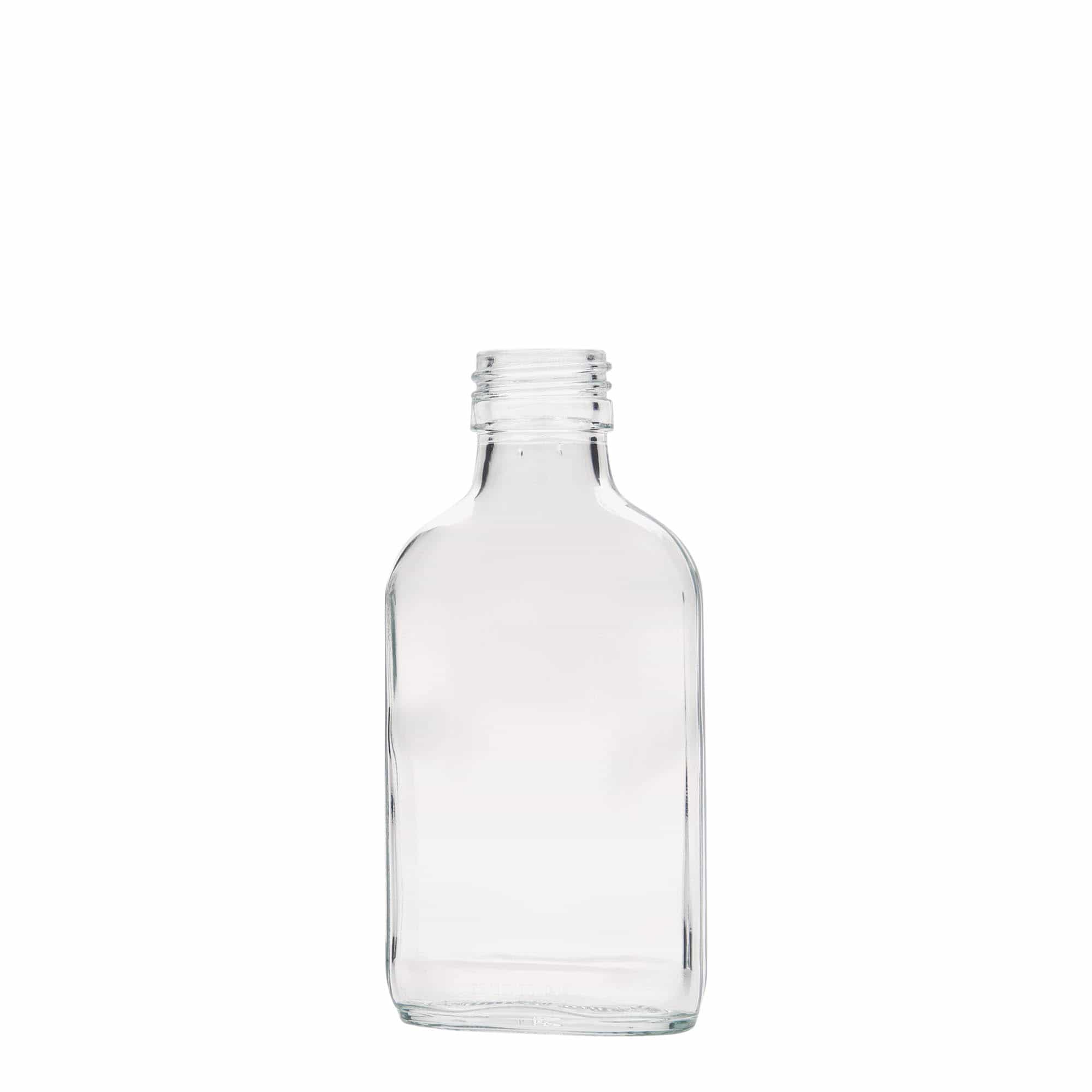 100 ml vrecková fľaša, obdĺžniková, sklená, hrdlo: PP 28