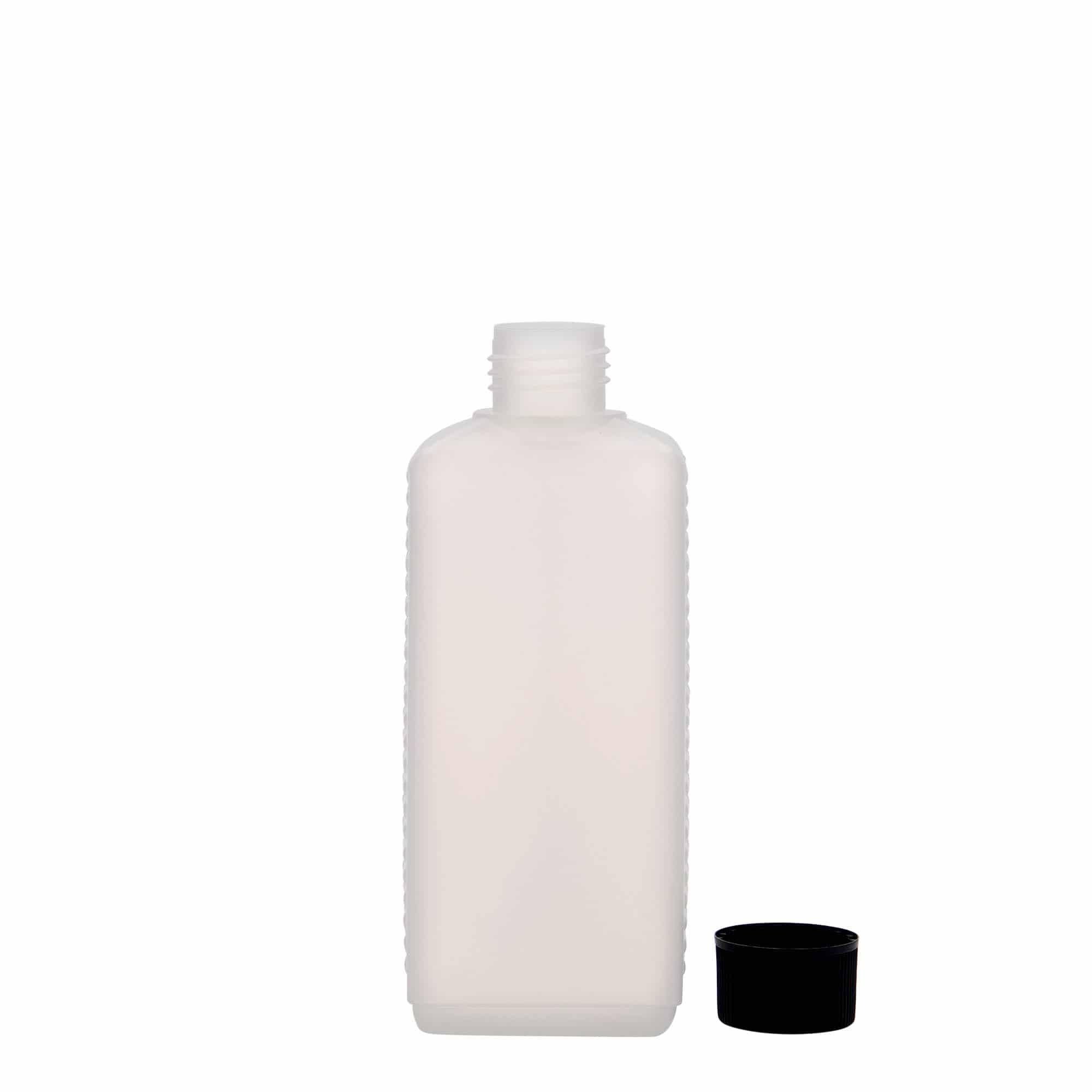 250 ml bandasková fľaša, obdĺžniková, HDPE plast, prírodná farba, hrdlo: DIN 25 EPE