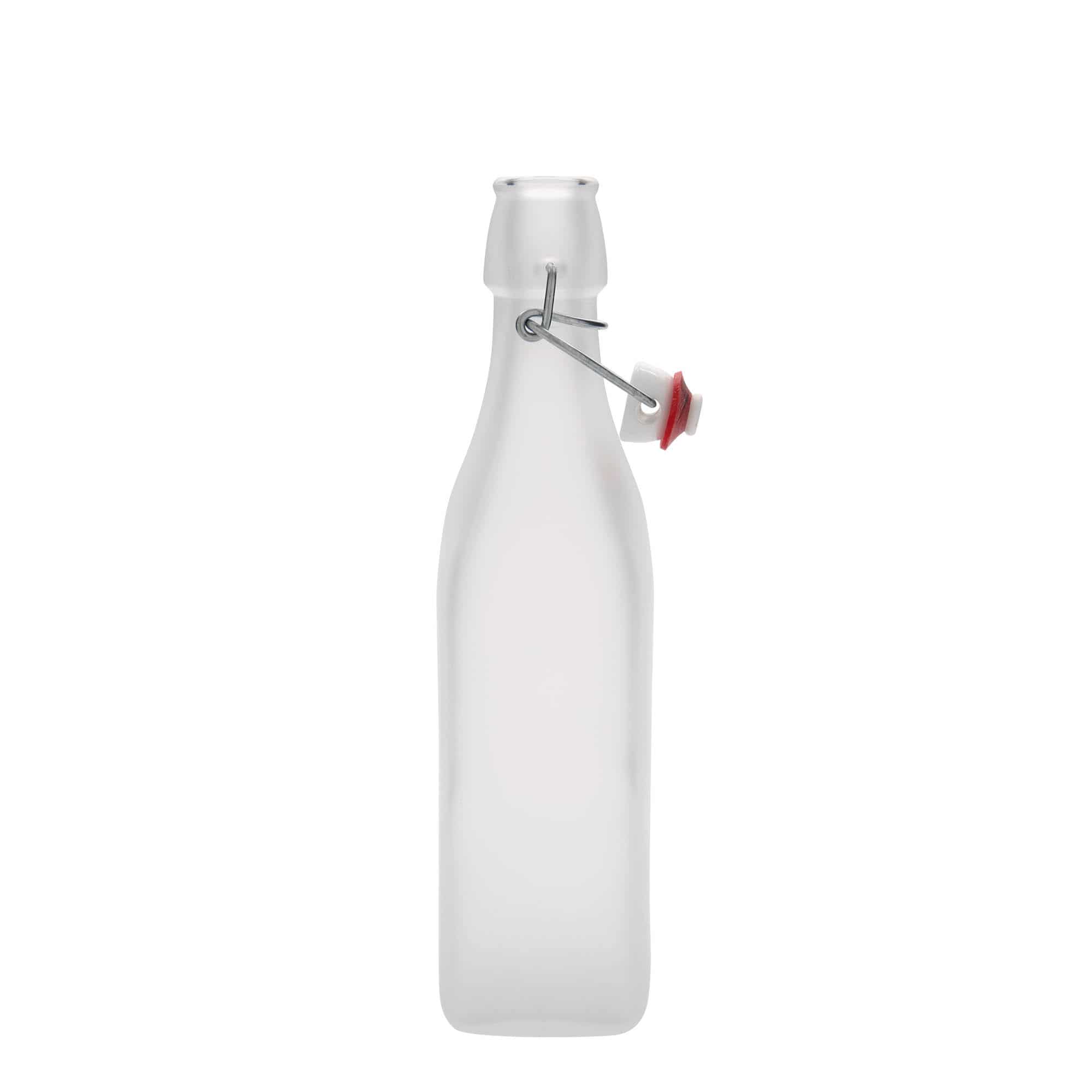 500 ml sklená fľaša „Swing, štvorcová, biela farba, hrdlo: strmeňový uzáver