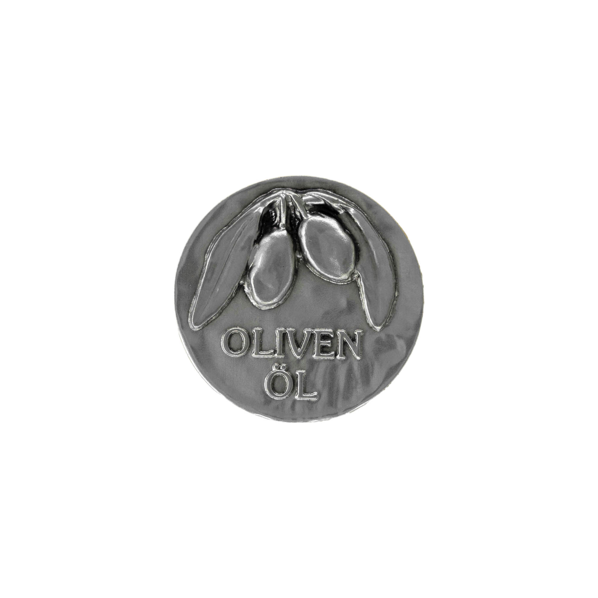 Cínová etiketa „Olivový olej“, kov, strieborná Cínová etiketa „Olivový olej“, kov, strieborná