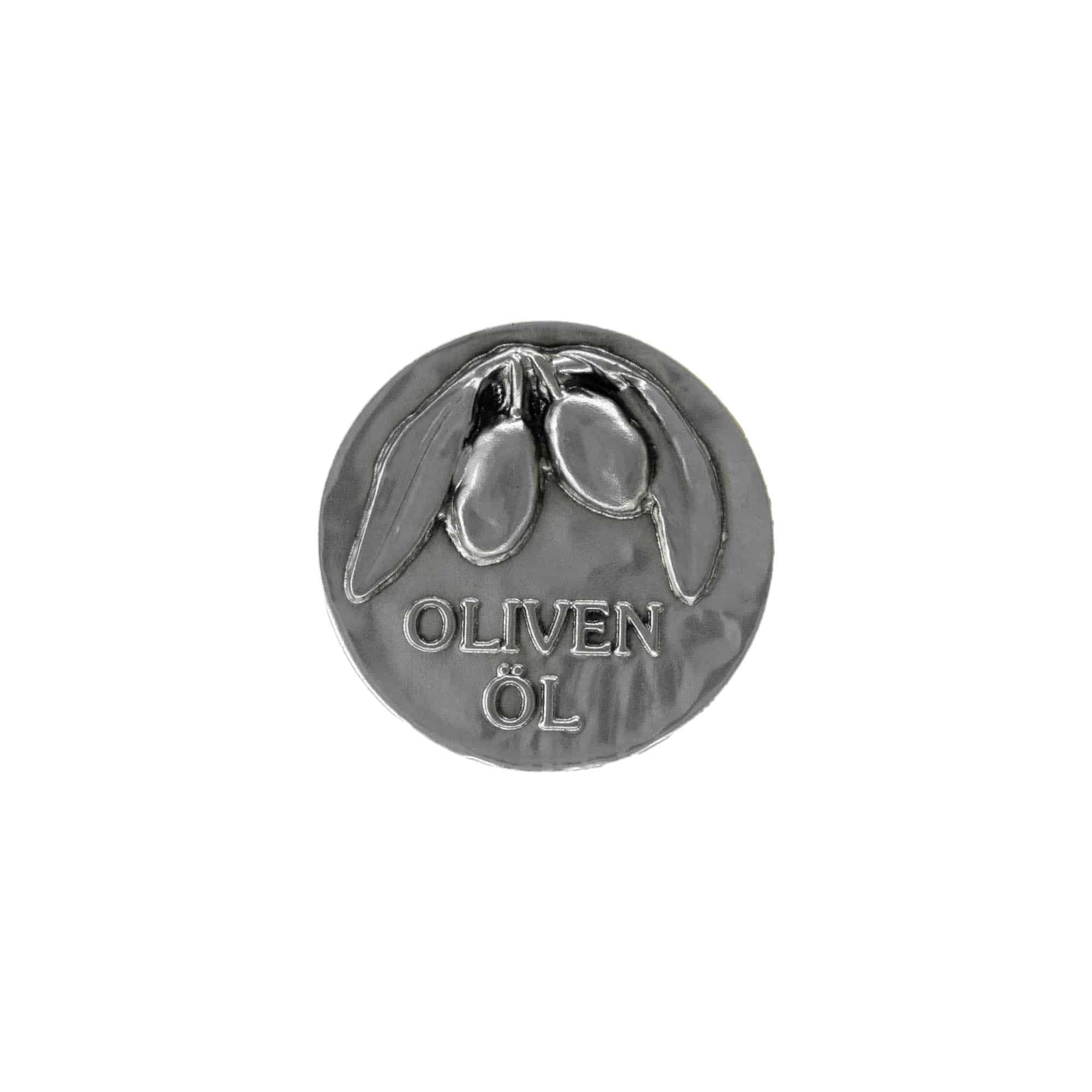 Cínová etiketa „Olivový olej“, kov, strieborná Cínová etiketa „Olivový olej“, kov, strieborná