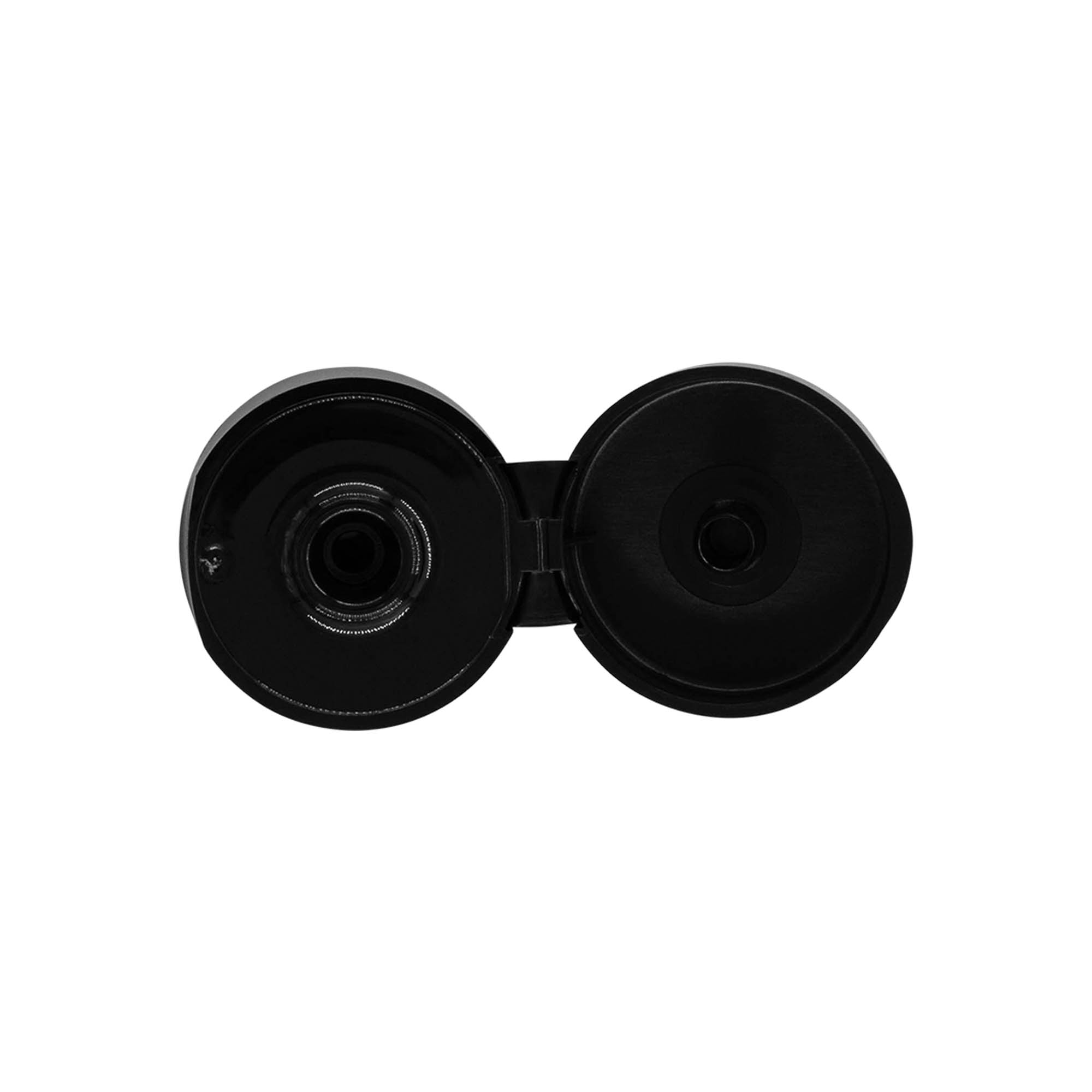 Skrutkovací uzáver s kĺbovým pántom, PP plast, čierny, pre hrdlo: 24/410 Skrutkovací uzáver s kĺbovým pántom, PP plast, čierny, pre hrdlo: 24/410