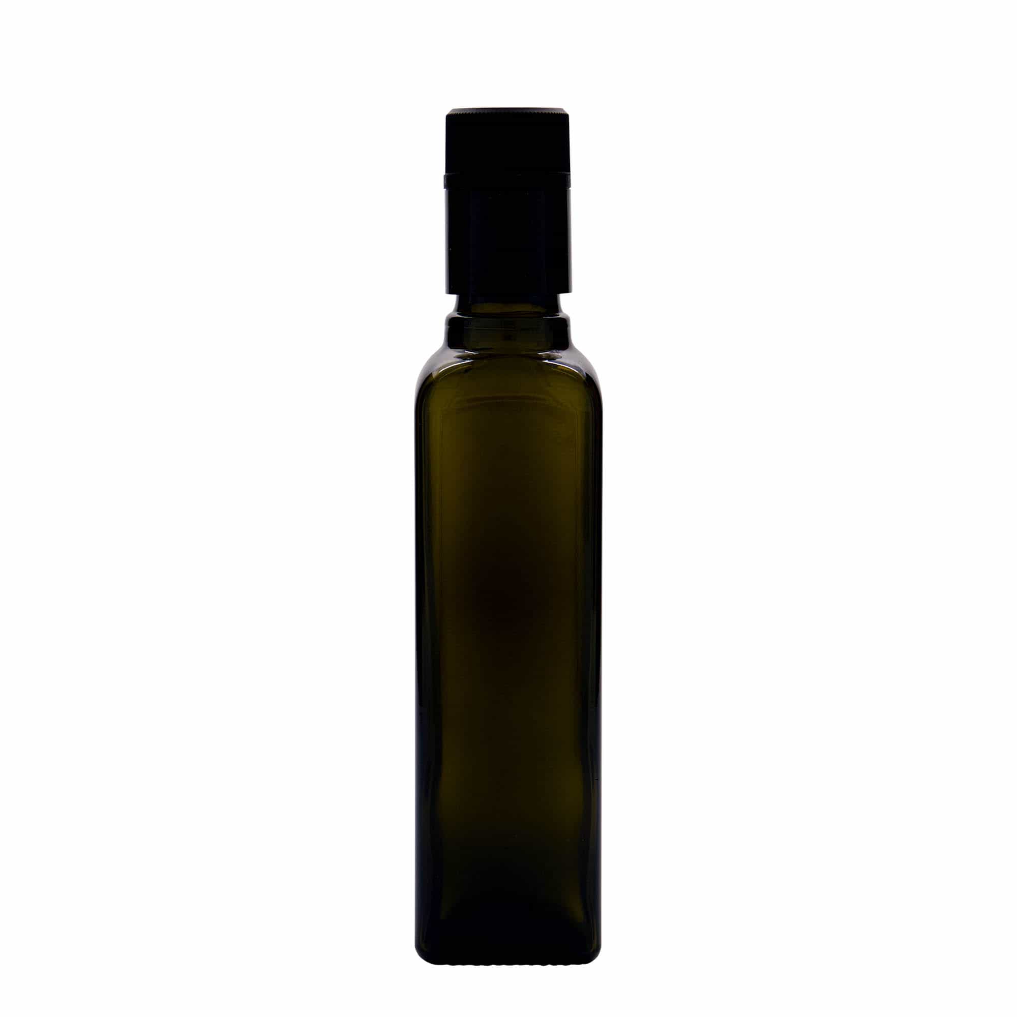 250 ml fľaša na ocot/olej „Quadra“, sklená, štvorcová, antická zelená farba, hrdlo: DOP