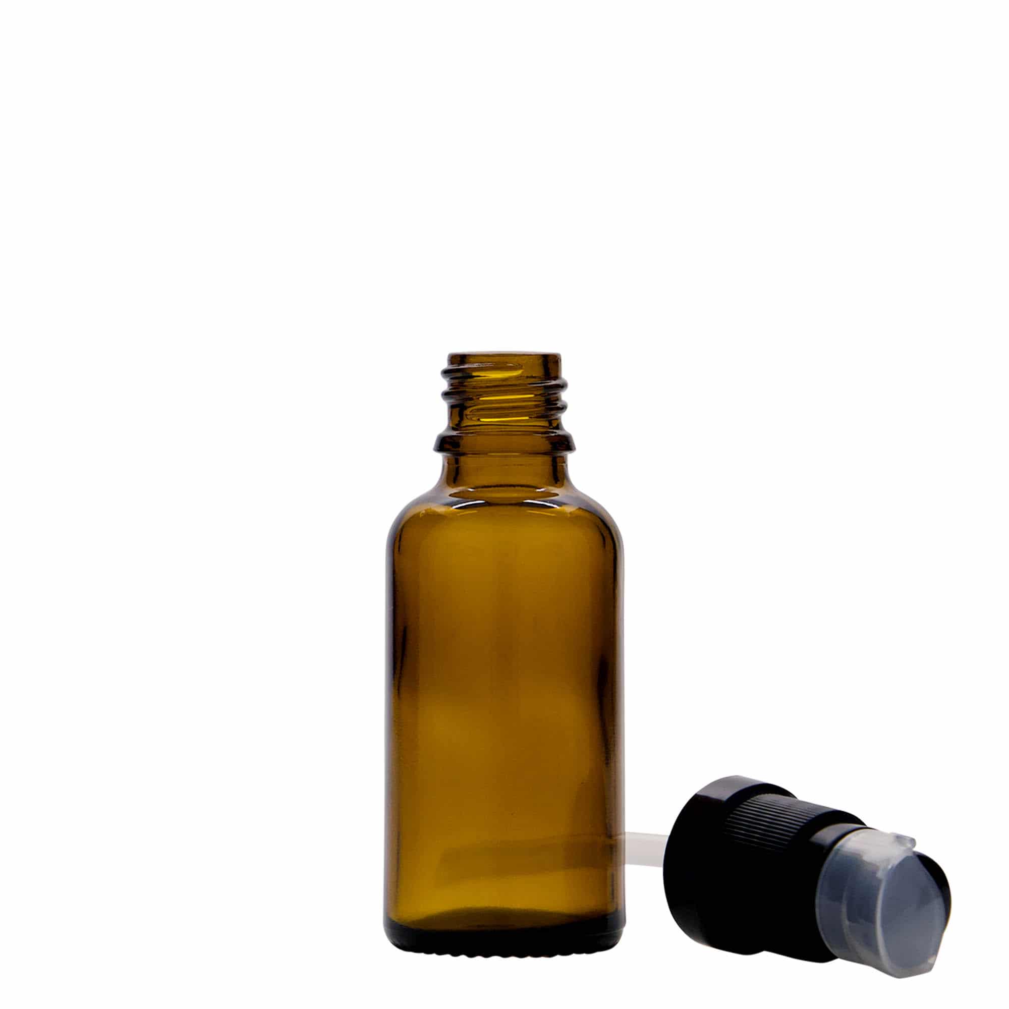 30 ml liekovka s pumpičkou, sklená, hnedá farba, hrdlo: DIN 18
