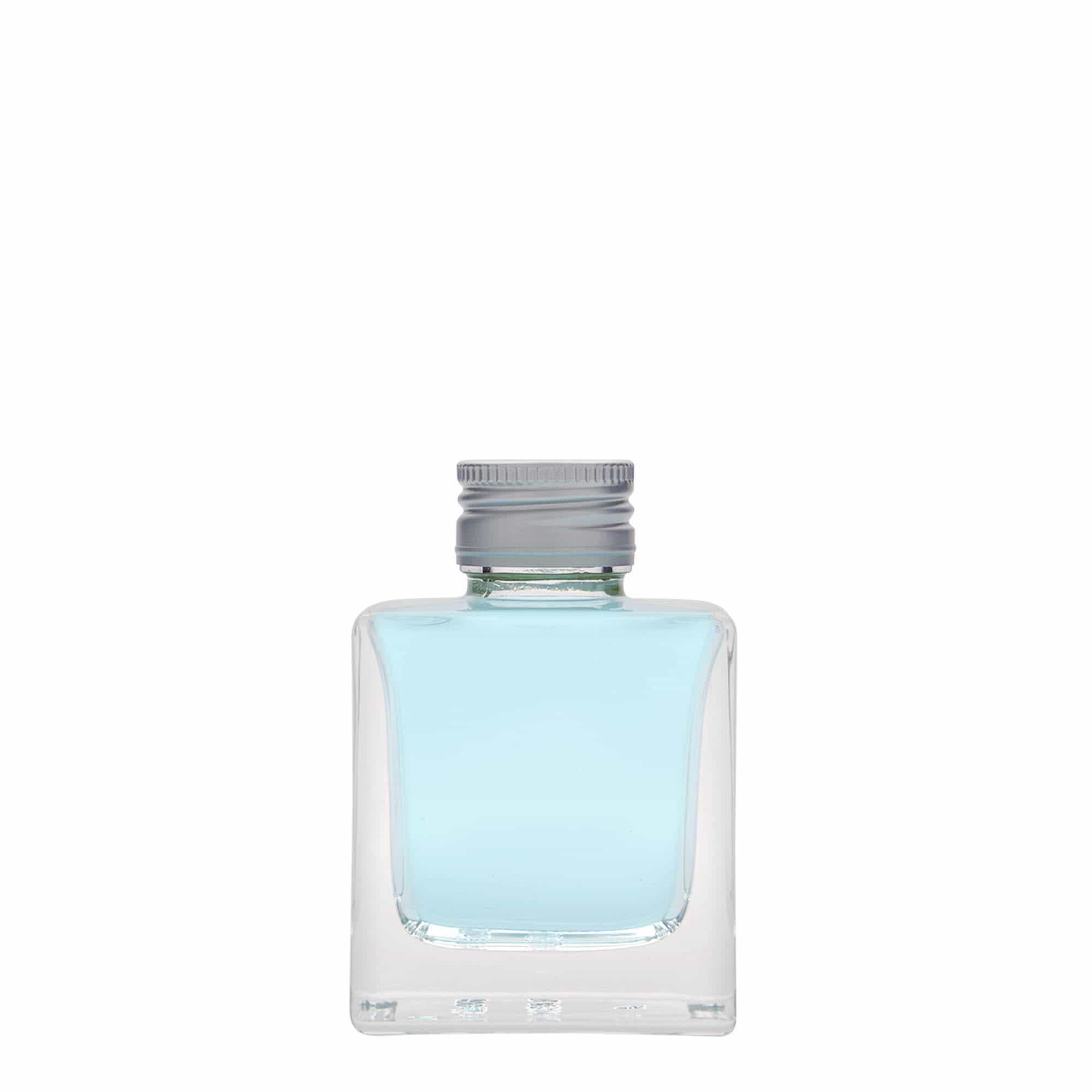 100 ml sklená fľaša „Cube“, štvorcová, hrdlo: PP 28