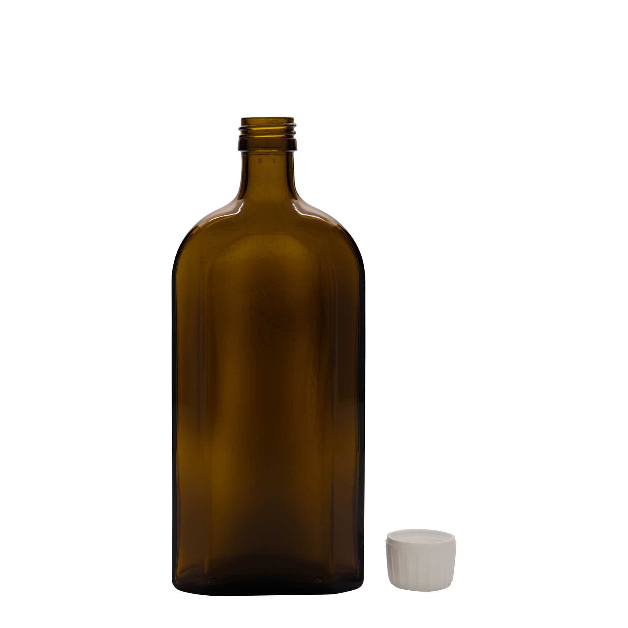 500 ml liekovka Meplat, oválna, sklená, hnedá farba, hrdlo: PP 28