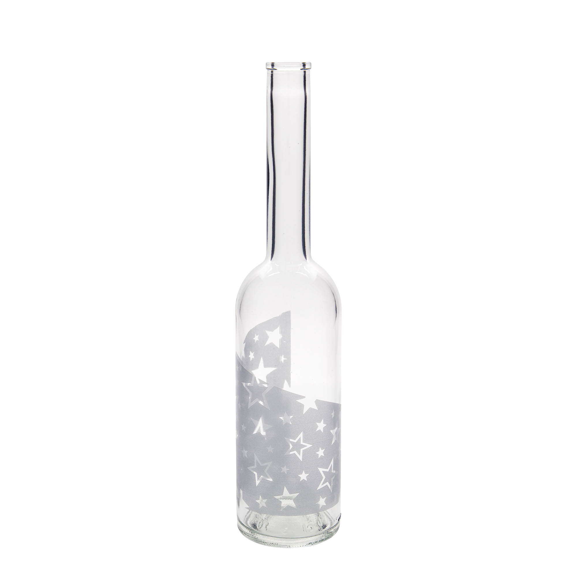 500 ml sklenená fľaša 'Opera', motív: strieborné hviezdy, hrdlo: korok 500 ml sklenená fľaša 'Opera', motív: strieborné hviezdy, hrdlo: korok
