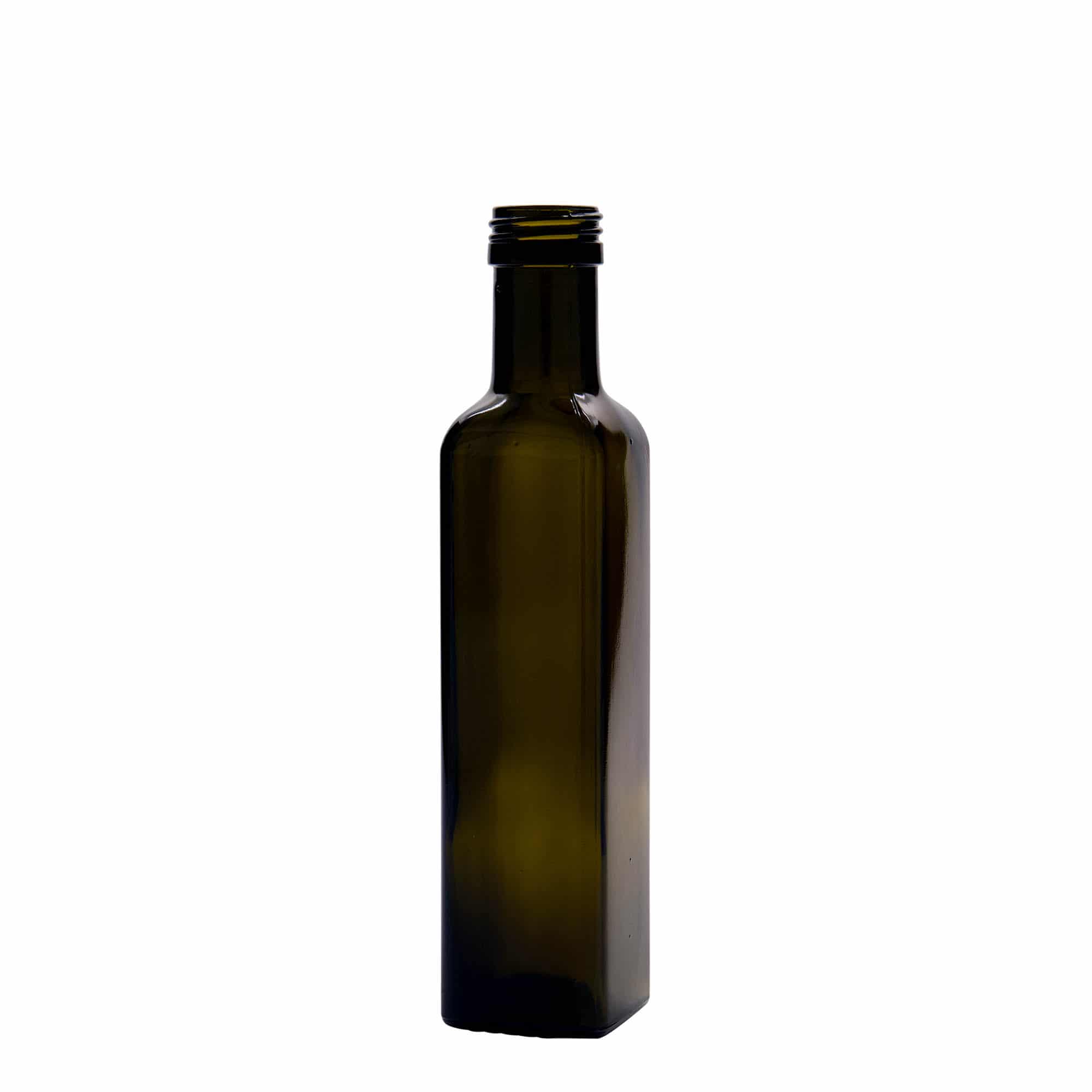 250 ml sklená fľaša „Marasca“, štvorcová, antická zelená farba, hrdlo: PP 31,5