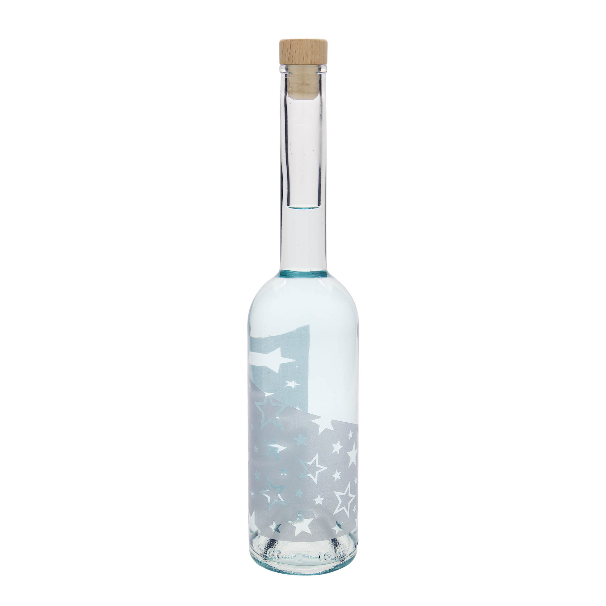 500 ml sklená fľaša „Opera“, motív: strieborné hviezdy, hrdlo: korok