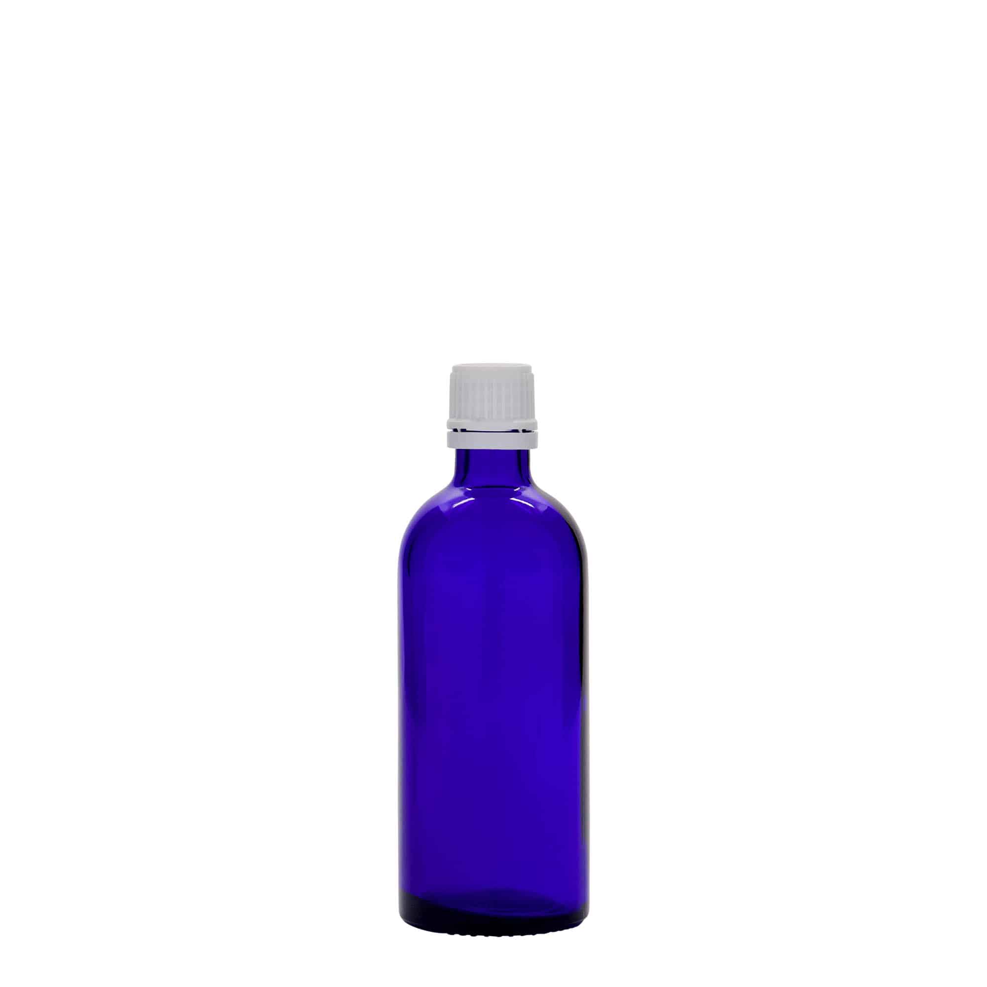 100 ml liekovka, sklená, kráľovská modrá farba, hrdlo: DIN 18