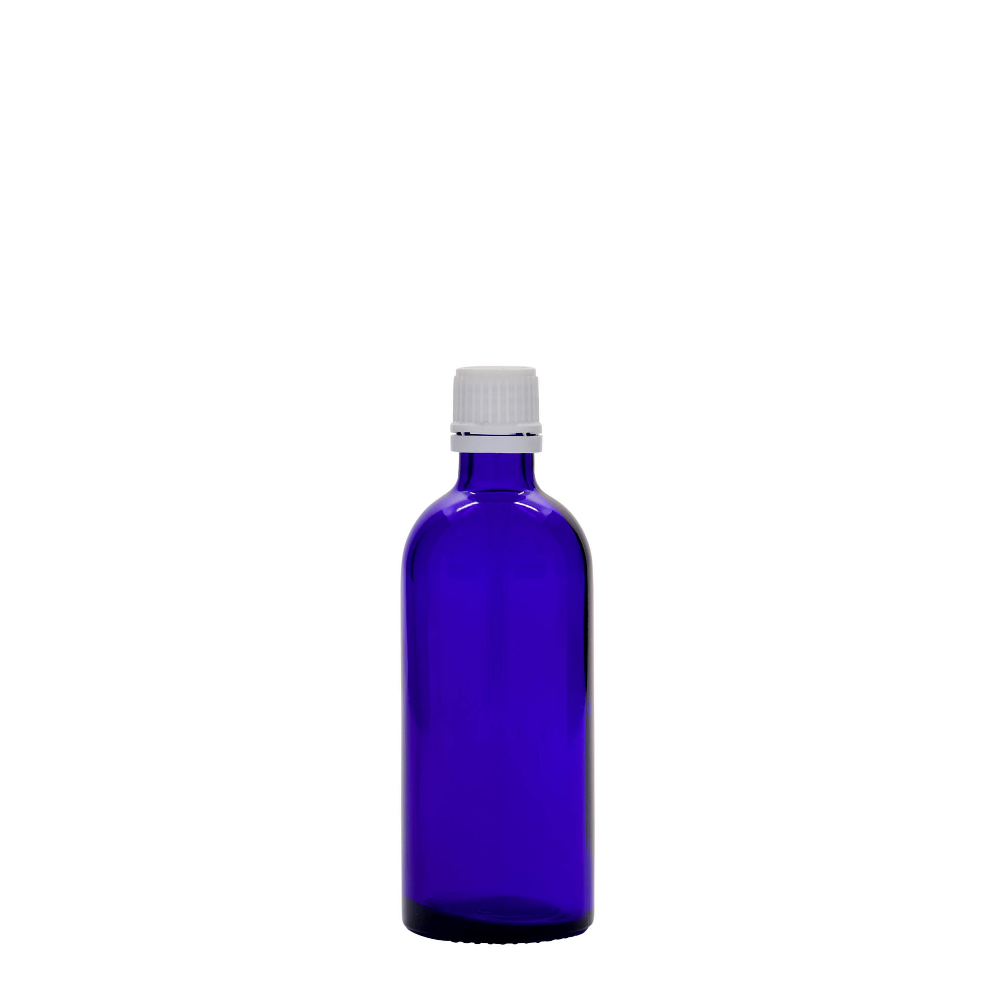 100 ml lekárska fľaša, sklo, kráľovská modrá, hrdlo: DIN 18