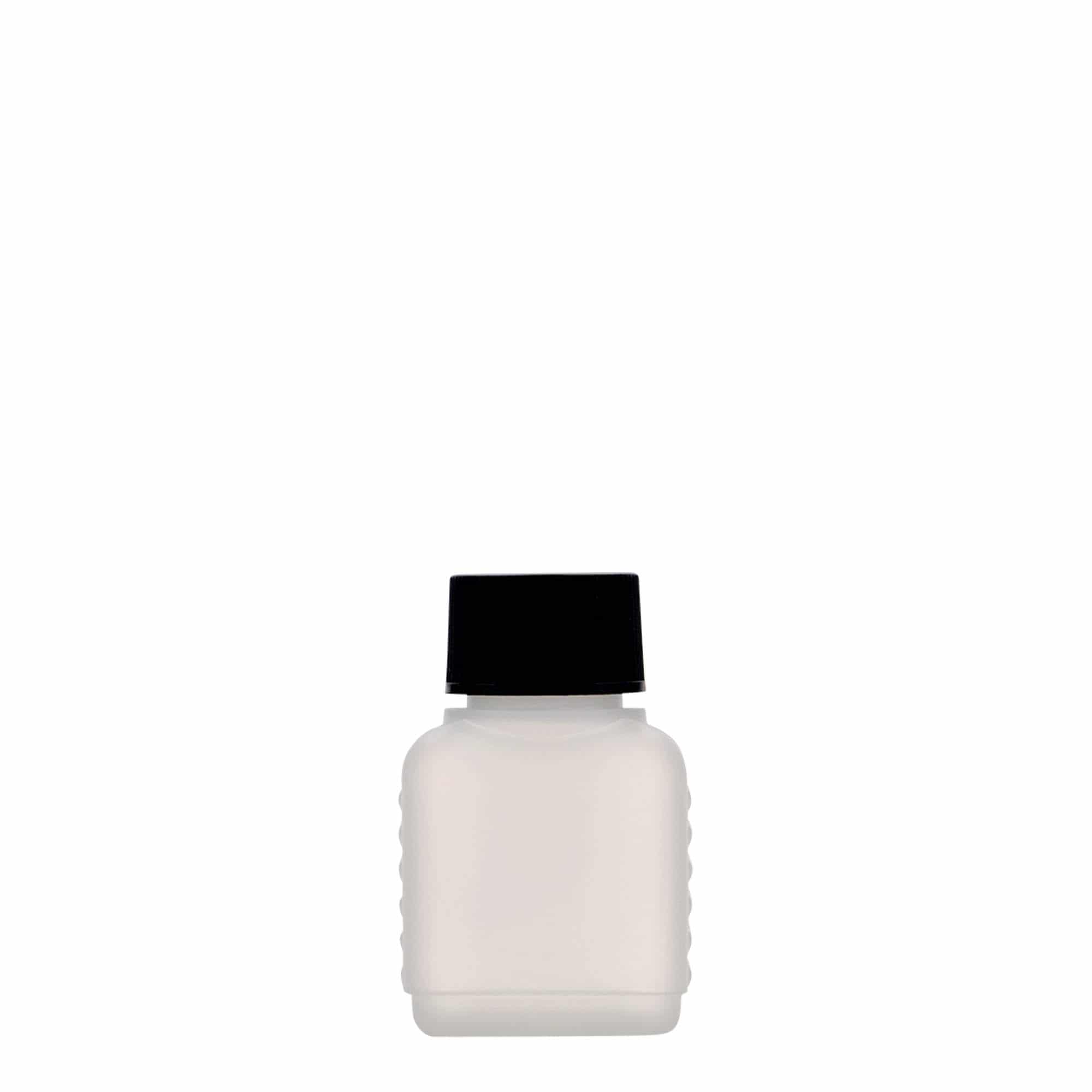 50 ml bandasková fľaša, obdĺžniková, HDPE plast, prírodná farba, hrdlo: DIN 25