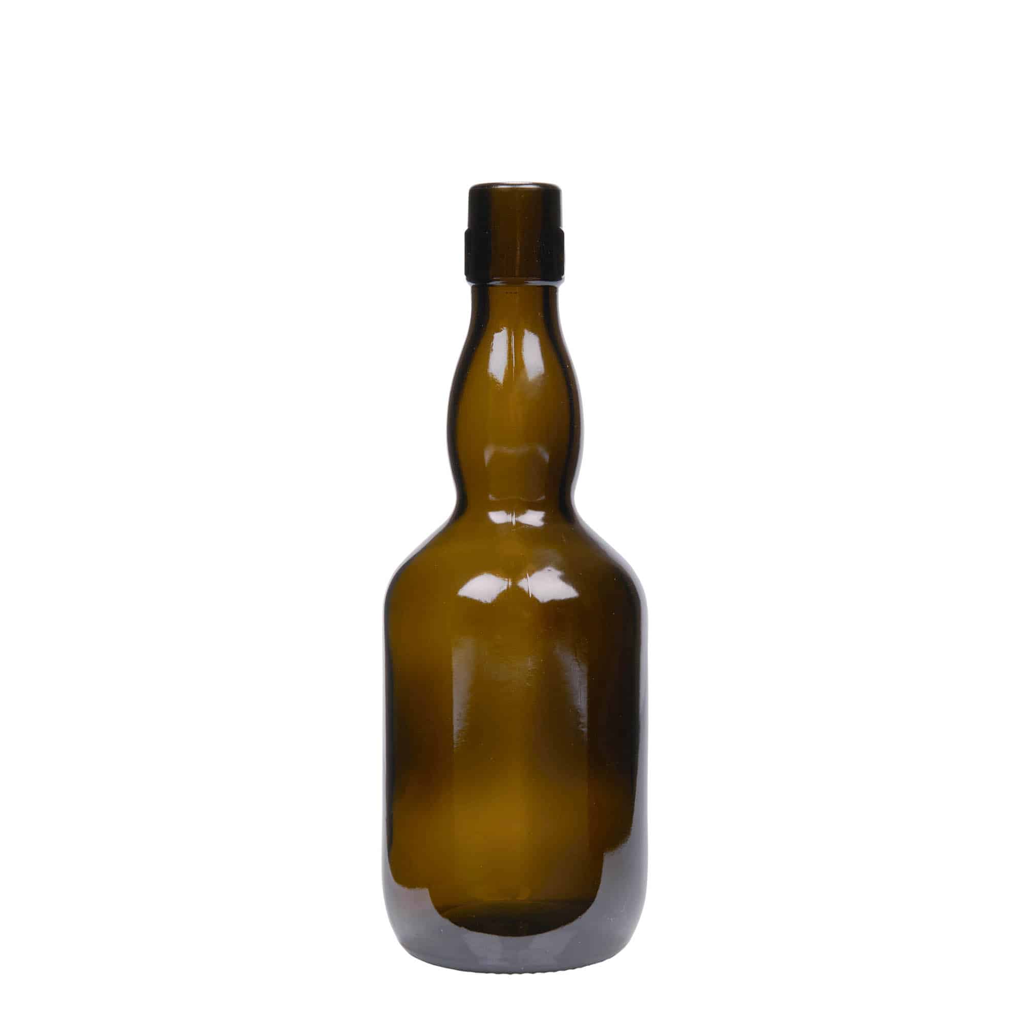 500 ml fľaša na pivo s krátkym hrdlom, sklený, antická zelená farba, hrdlo: strmeňový uzáver 500 ml fľaša na pivo s krátkym hrdlom, sklený, antická zelená farba, hrdlo: strmeňový uzáver