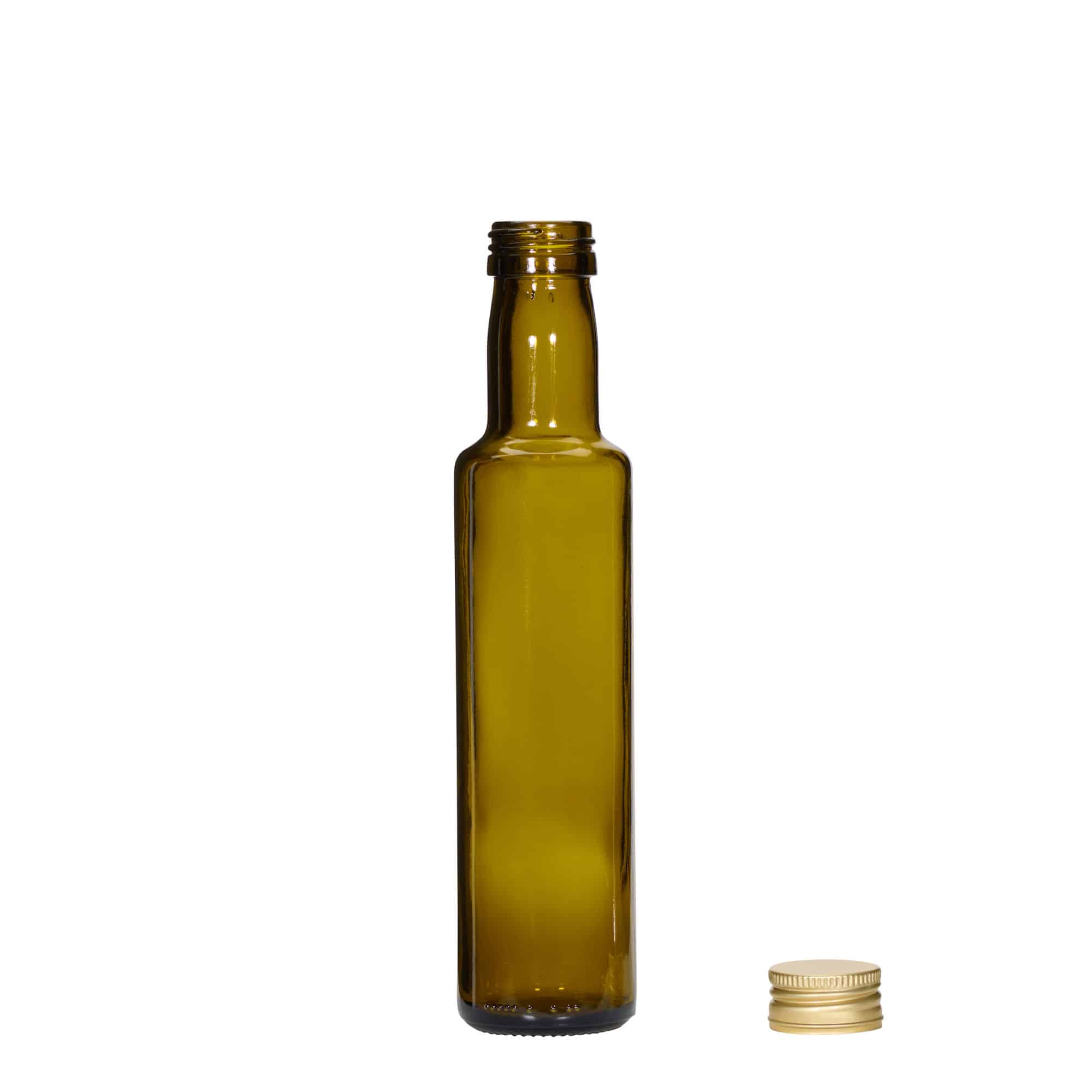 250 ml sklená fľaša „Dorica“, antická zelená farba, hrdlo: PP 31,5