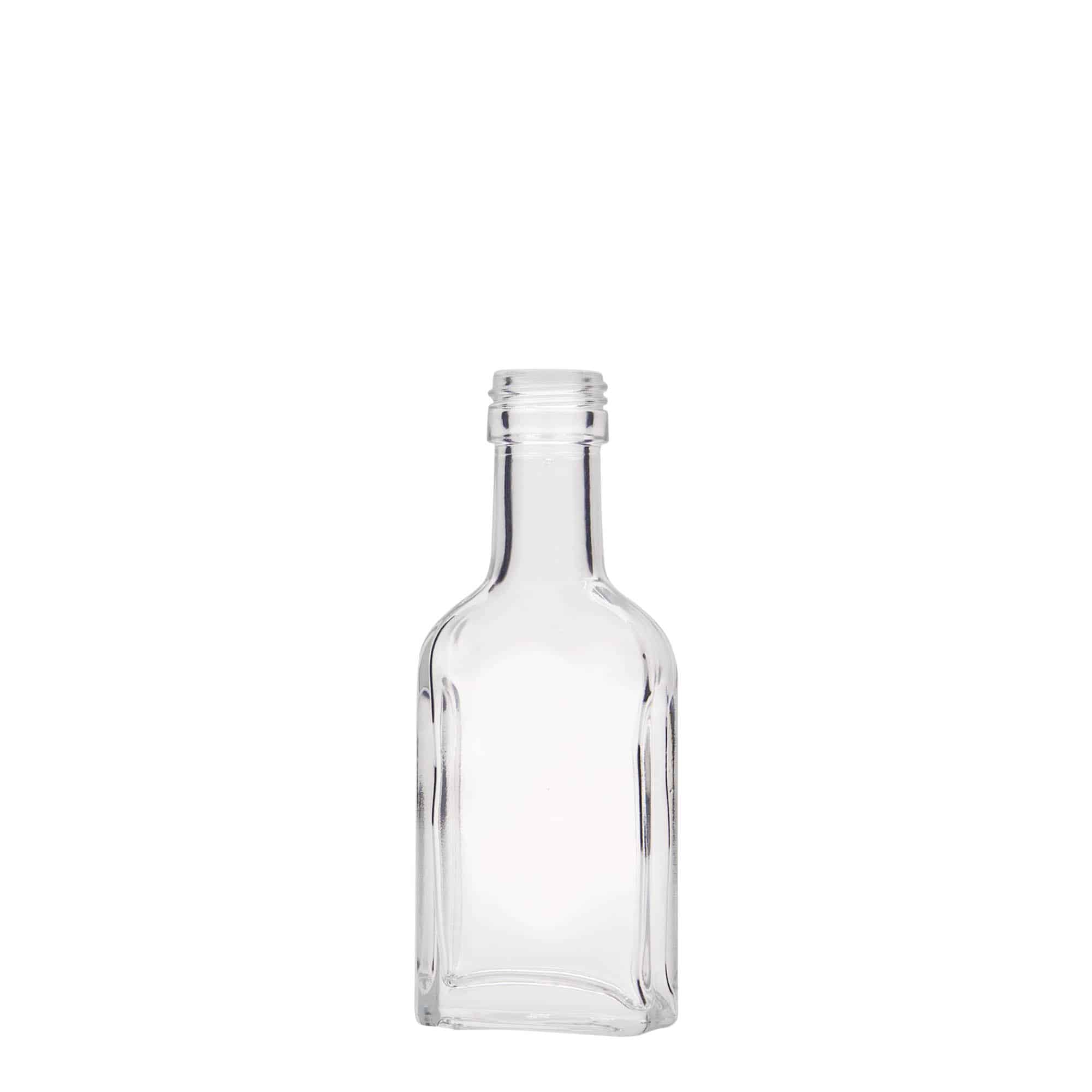 40 ml vrecková fľaša dlhé hrdlo, obdĺžniková, sklená, hrdlo: PP 22