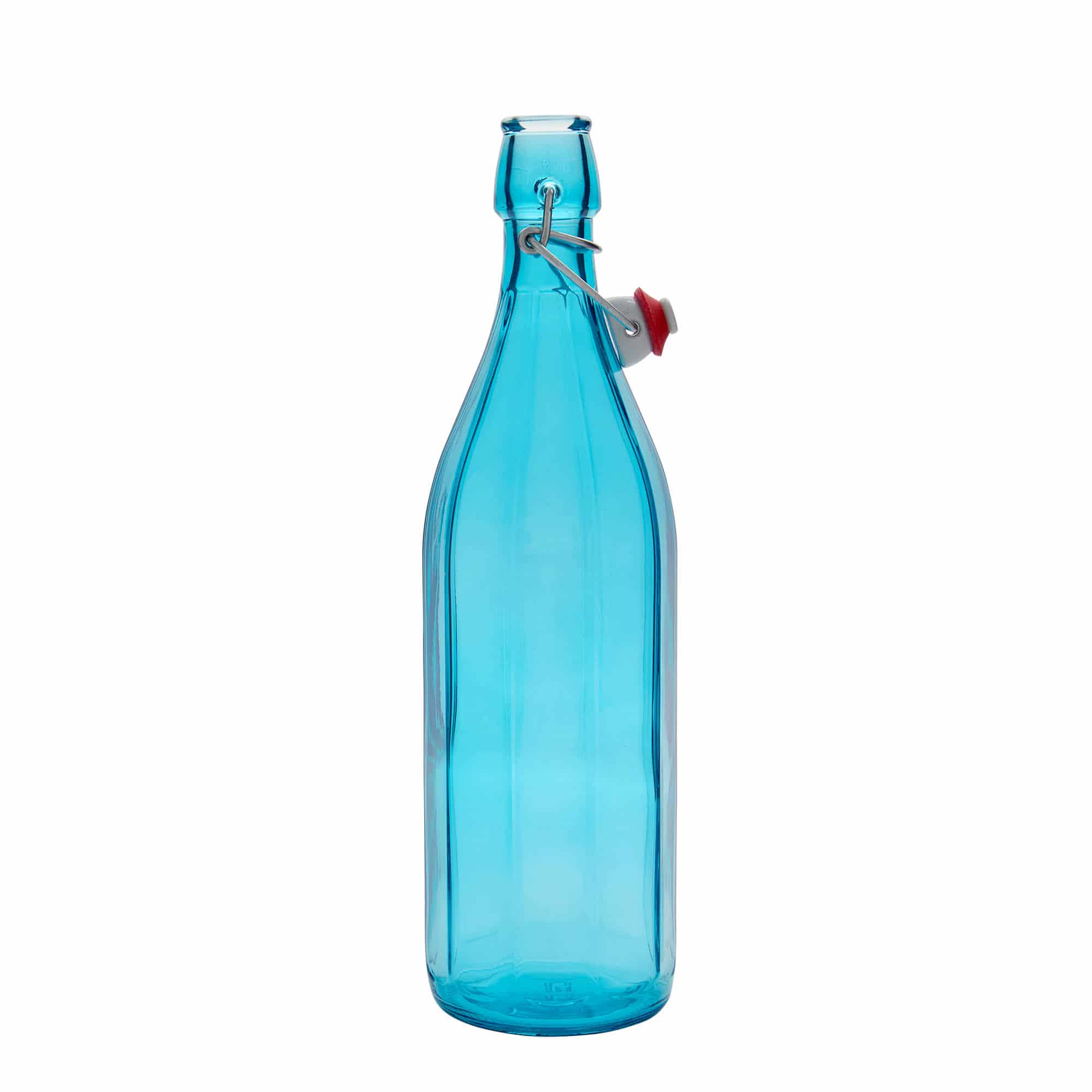 1 000 ml sklená fľaša „O x ford“, desaťhranná, azúrová farba, hrdlo: strmeňový uzáver