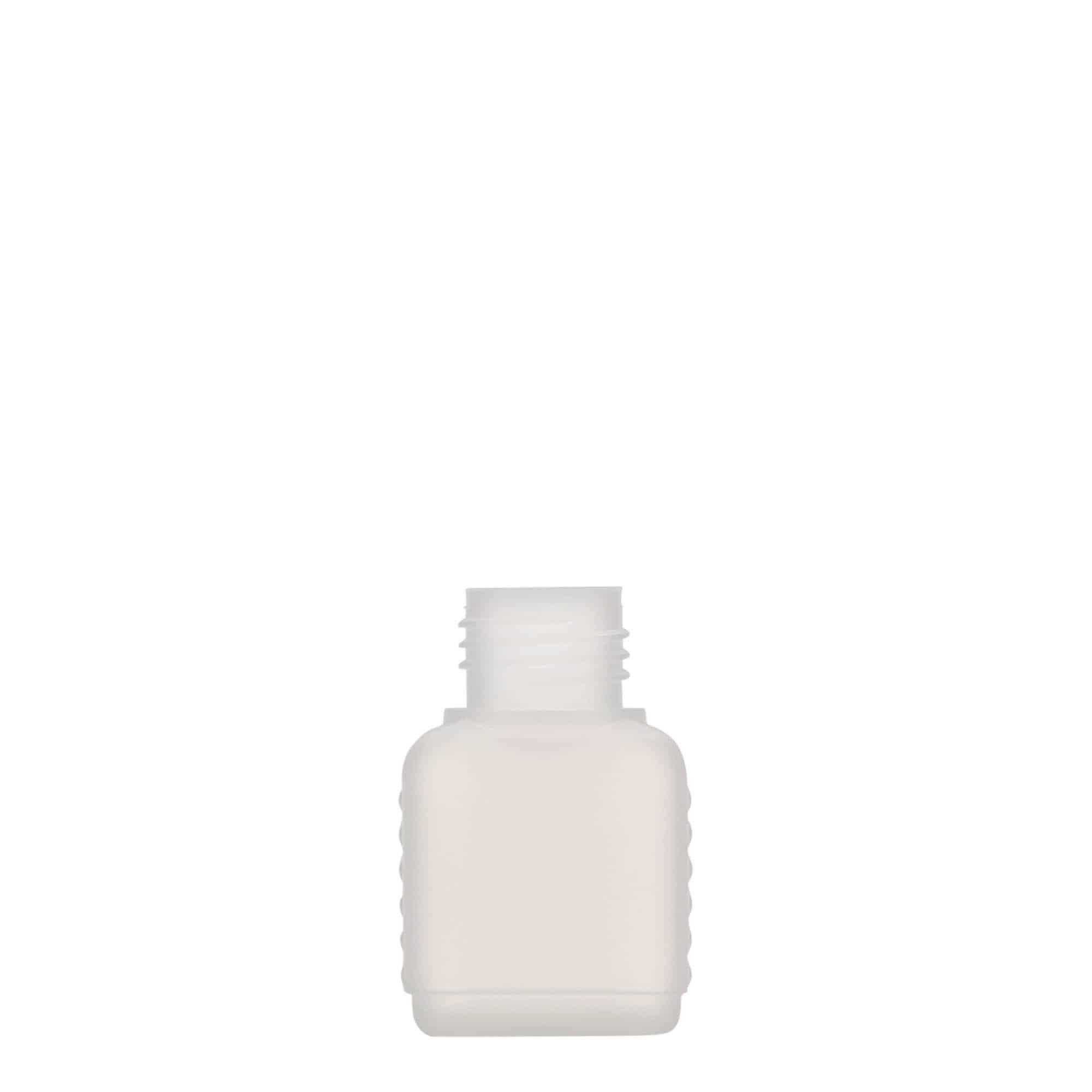 50 ml bandasková fľaša, obdĺžniková, HDPE plast, prírodná farba, hrdlo: DIN 25 50 ml bandasková fľaša, obdĺžniková, HDPE plast, prírodná farba, hrdlo: DIN 25
