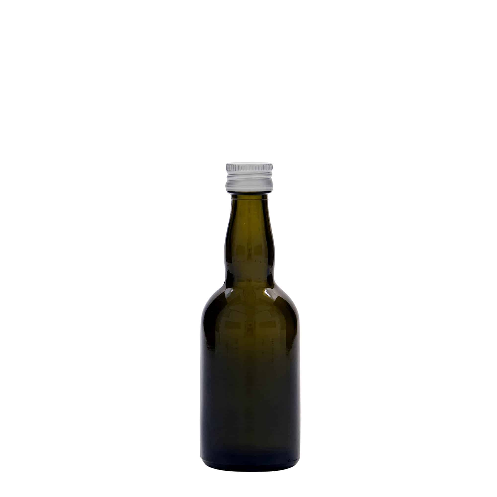 50 ml sklená fľaša „Proba“, antická zelená farba, hrdlo: PP 18
