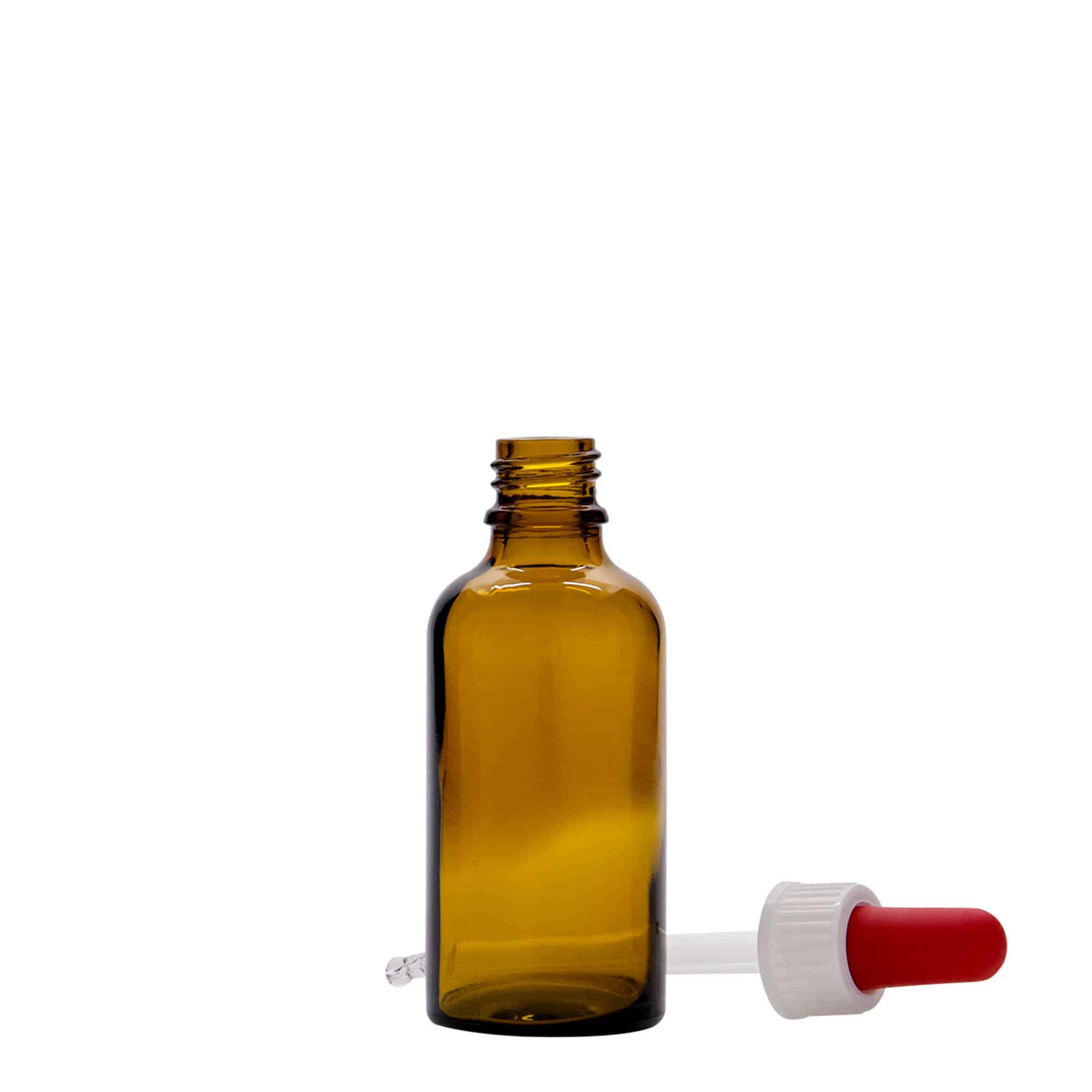 50 ml liekovka s pipetou, sklená, hnedá – červená farba, hrdlo: DIN 18