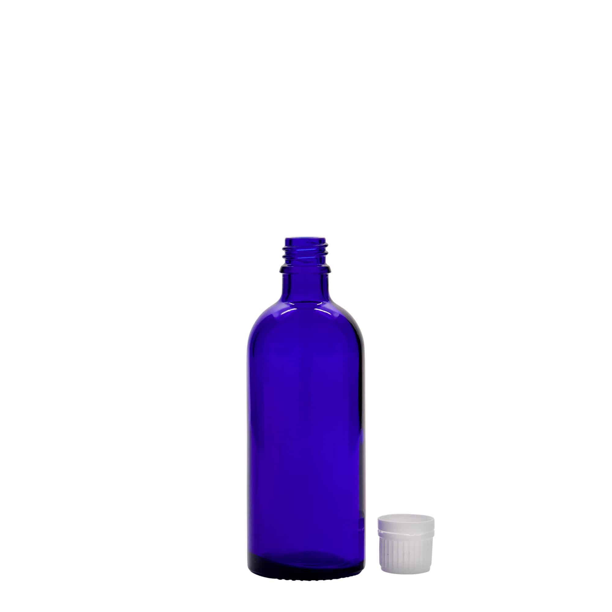 100 ml liekovka, sklená, kráľovská modrá farba, hrdlo: DIN 18