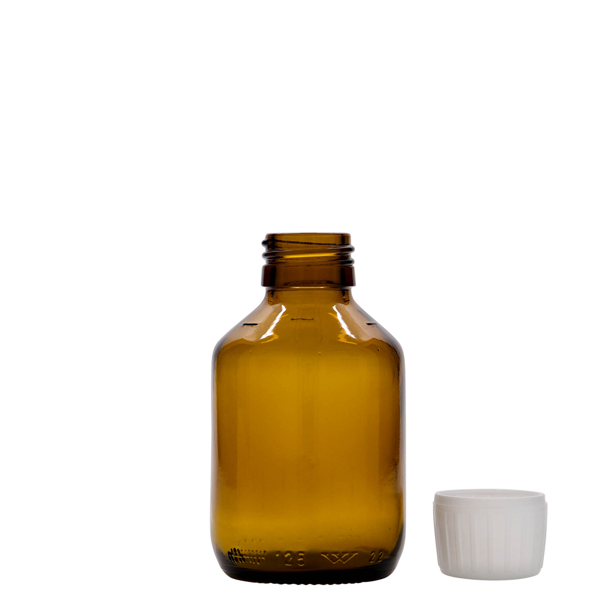 125 ml lekárska fľaša, hnedá, sklo, hrdlo: PP 28
