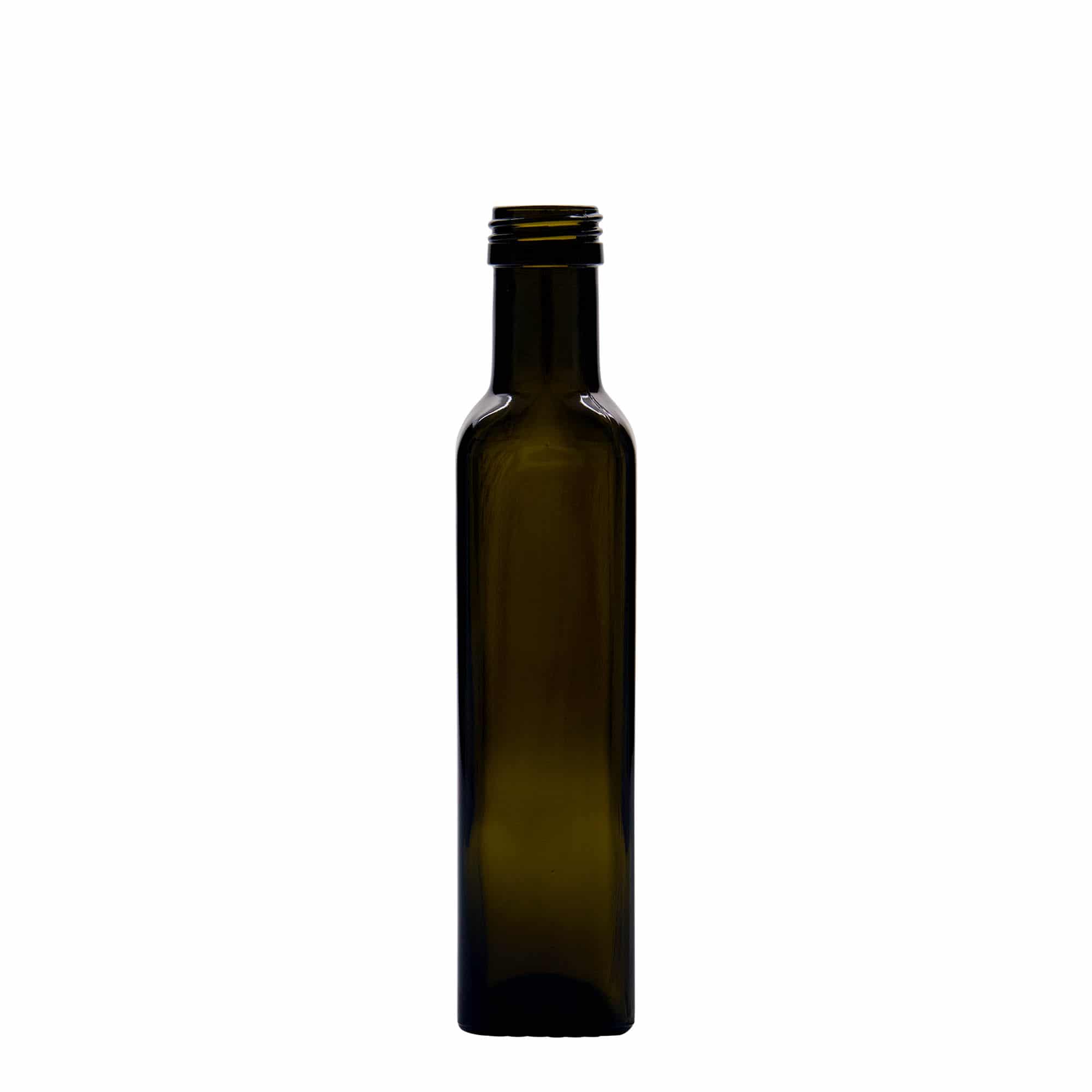 250 ml sklená fľaša „Marasca“, štvorcová, antická zelená farba, hrdlo: PP 31,5 250 ml sklená fľaša „Marasca“, štvorcová, antická zelená farba, hrdlo: PP 31,5