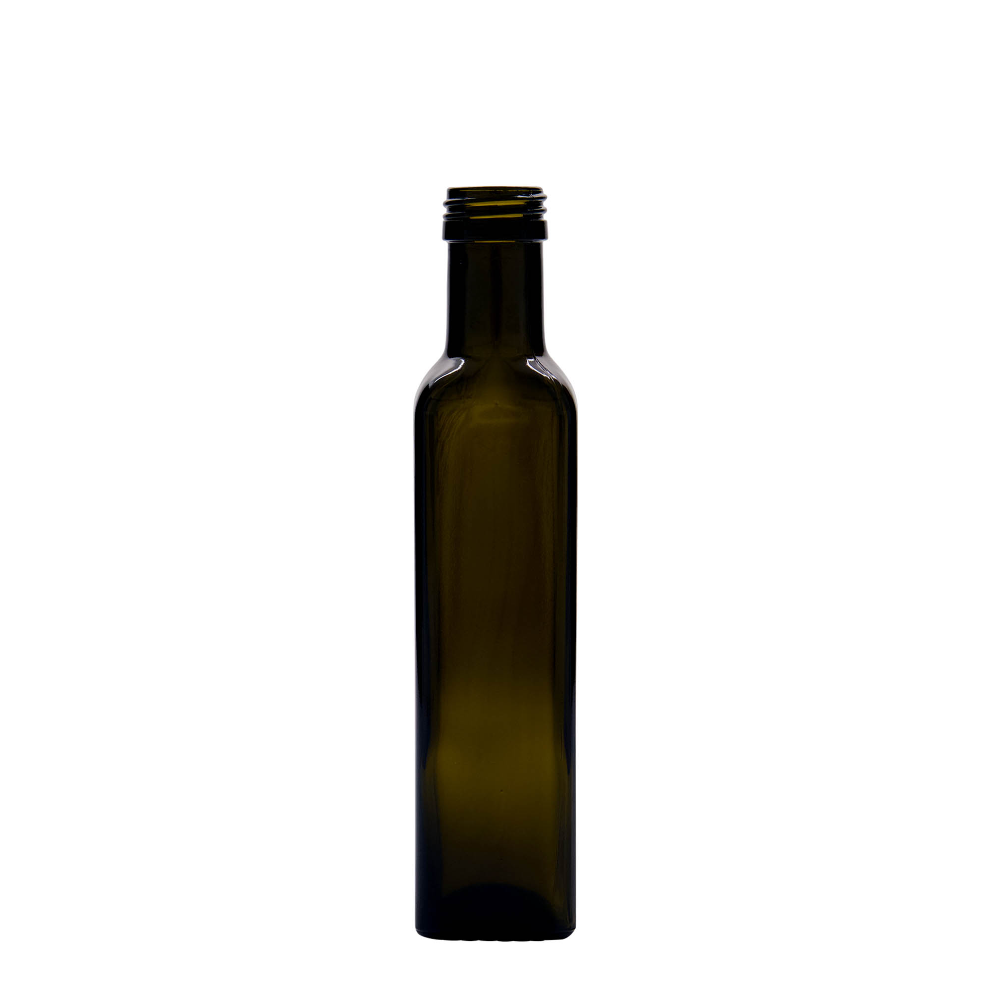 250 ml sklenená fľaša 'Marasca', štvorcová, antik-zelená, hrdlo: PP 31,5