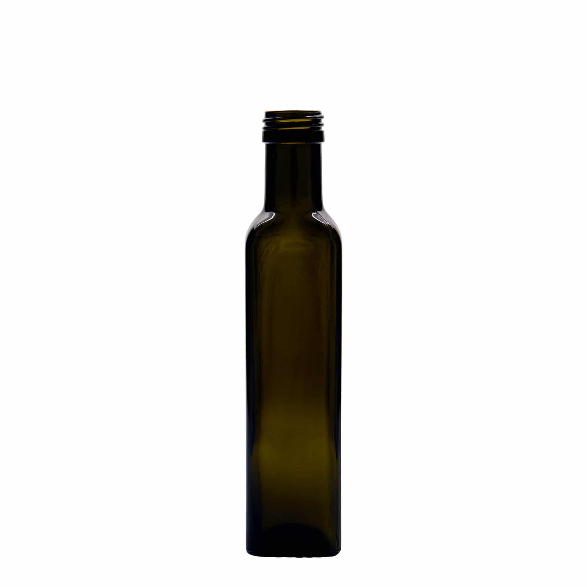 250 ml sklenená fľaša 'Marasca', štvorcová, antik-zelená, hrdlo: PP 31,5