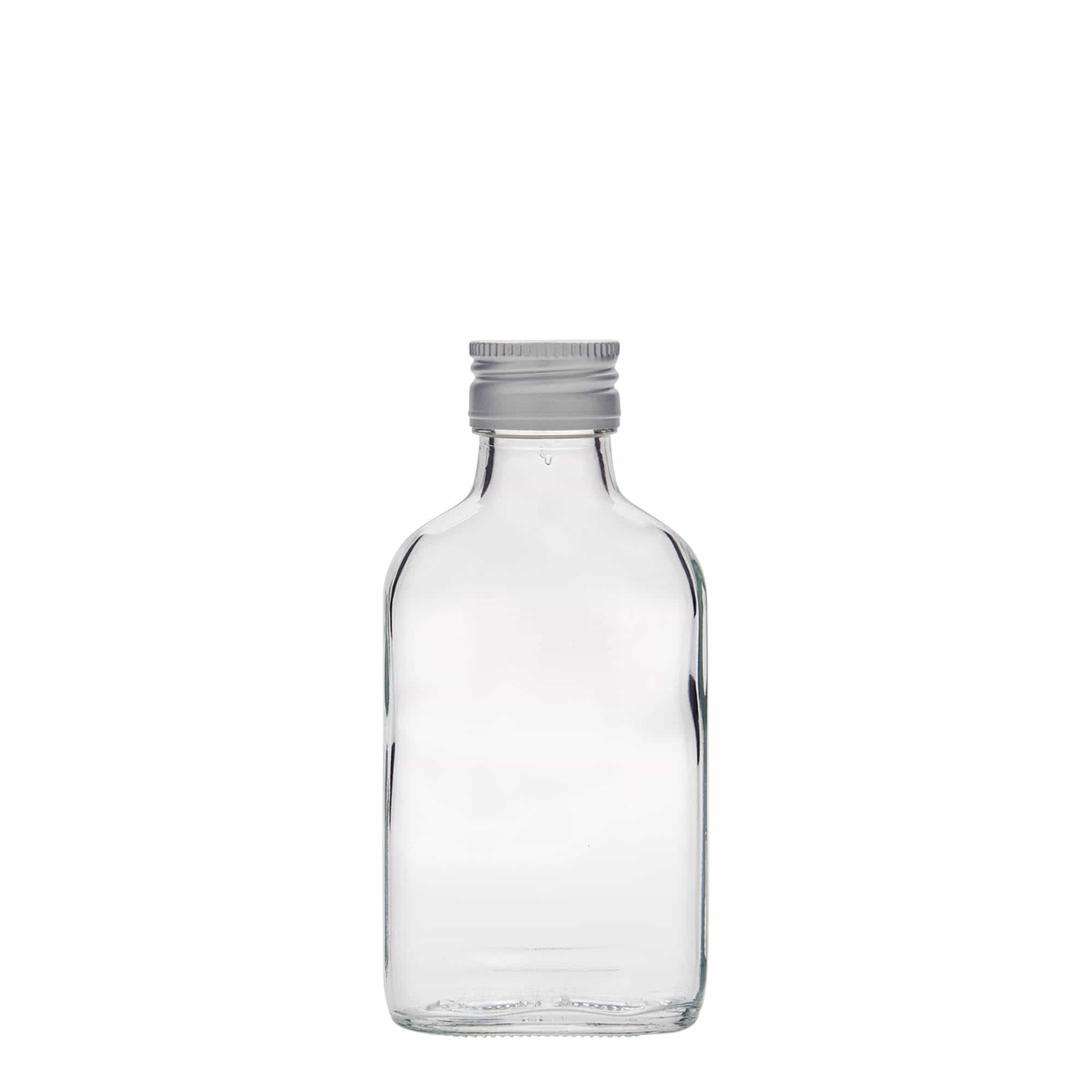 100 ml vrecková fľaša, obdĺžniková, sklená, hrdlo: PP 28