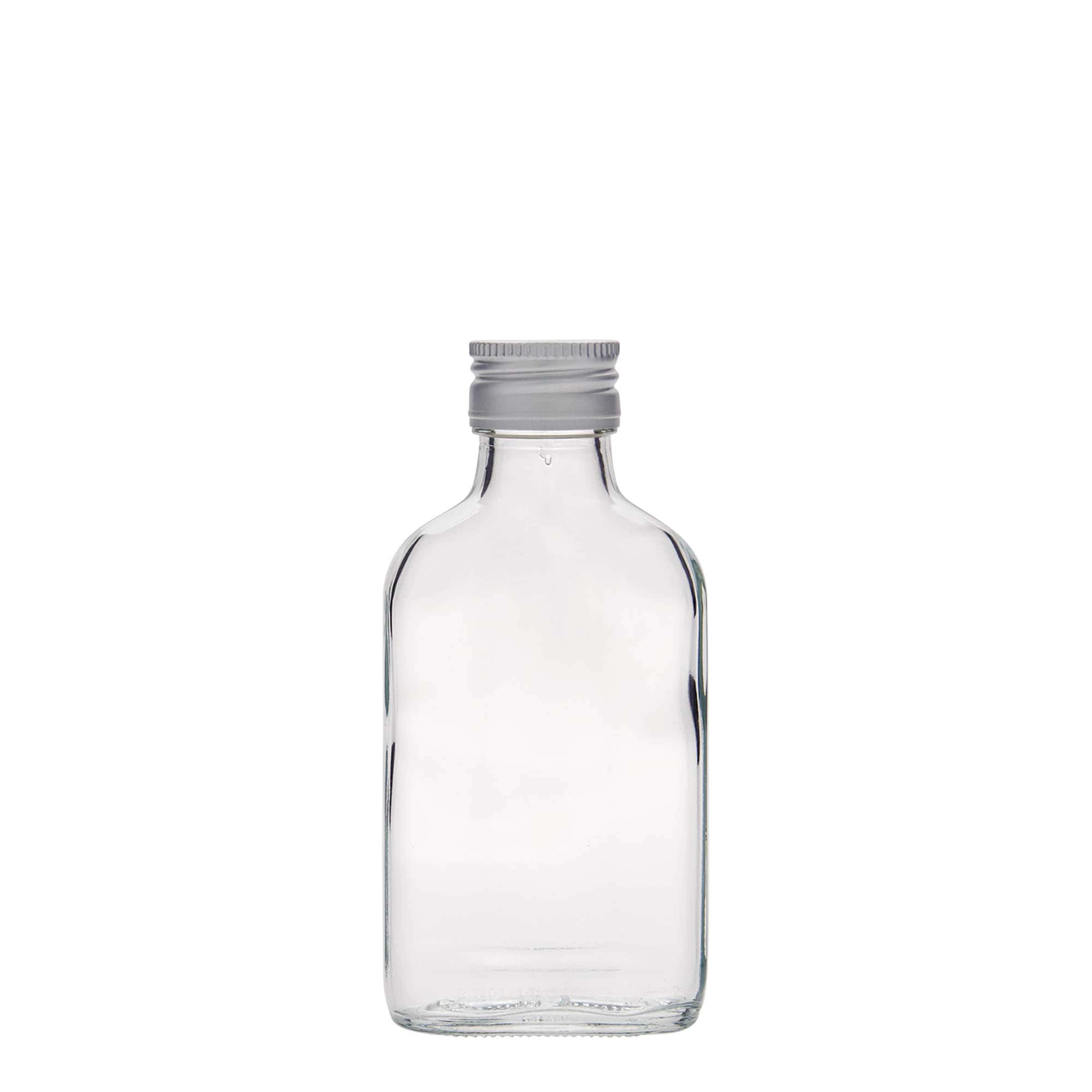 100 ml vrecková fľaša, obdĺžniková, sklo, hrdlo: PP 28