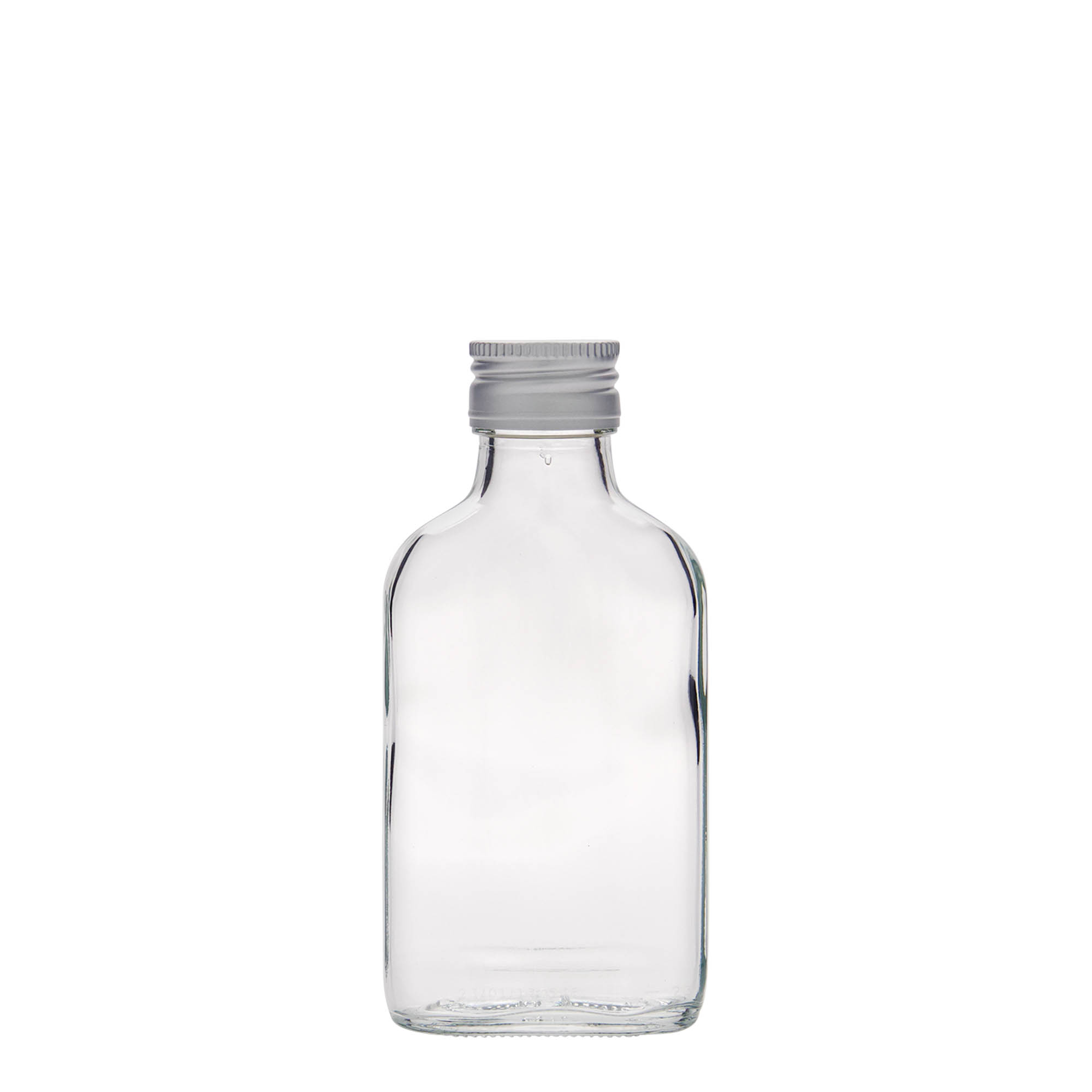 100 ml vrecková fľaša, obdĺžniková, sklo, hrdlo: PP 28 100 ml vrecková fľaša, obdĺžniková, sklo, hrdlo: PP 28