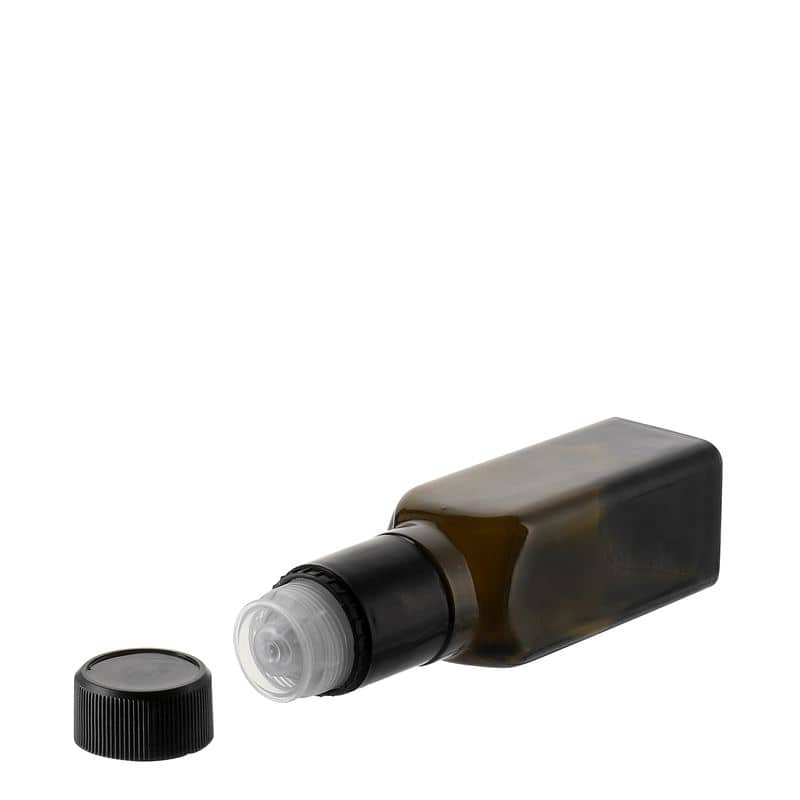 100 ml fľaša na ocot/olej „Quadra“, sklená, štvorcová, antická zelená farba, hrdlo: DOP