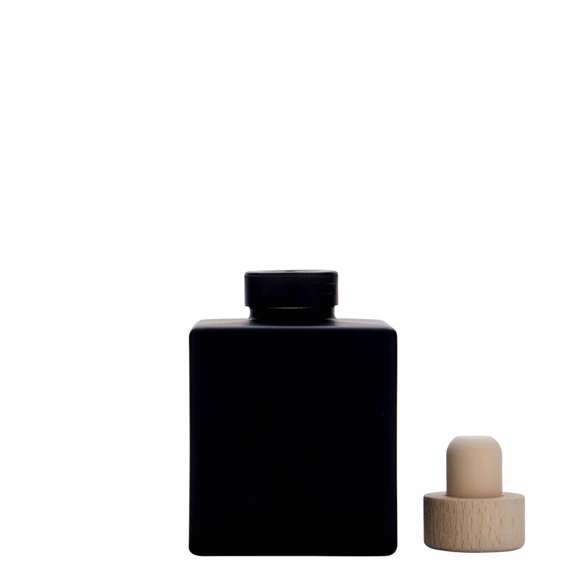 100 ml sklenená fľaša 'Cube', štvorcová, čierna, hrdlo: korkové
