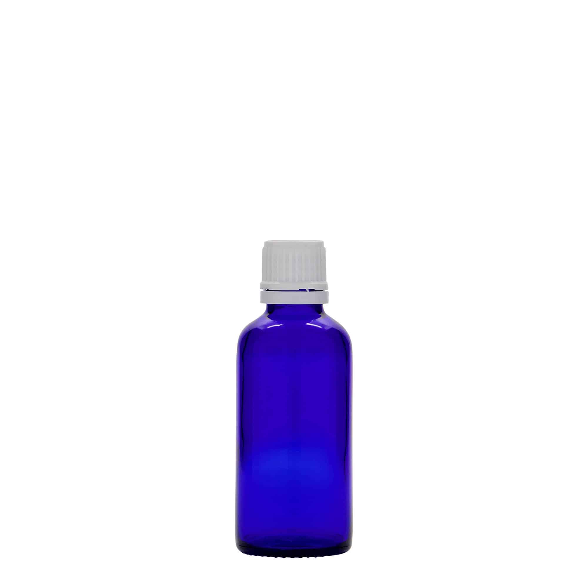 50 ml liekovka, sklená, kráľovská modrá farba, hrdlo: DIN 18