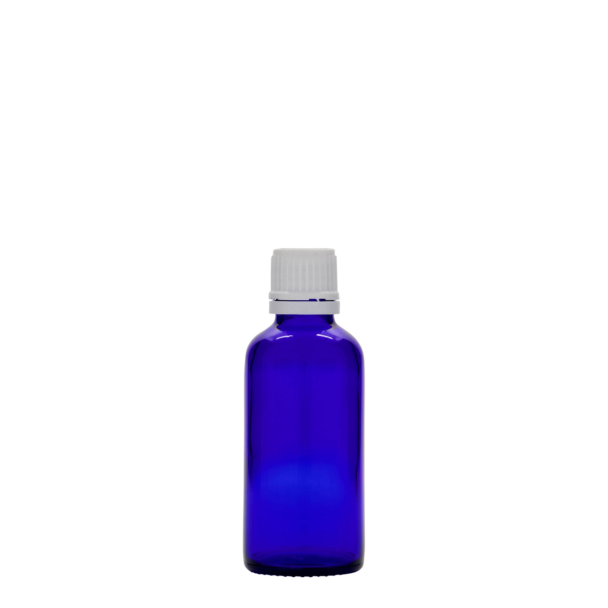 50 ml lekárska fľaša, sklo, kráľovská modrá, hrdlo: DIN 18