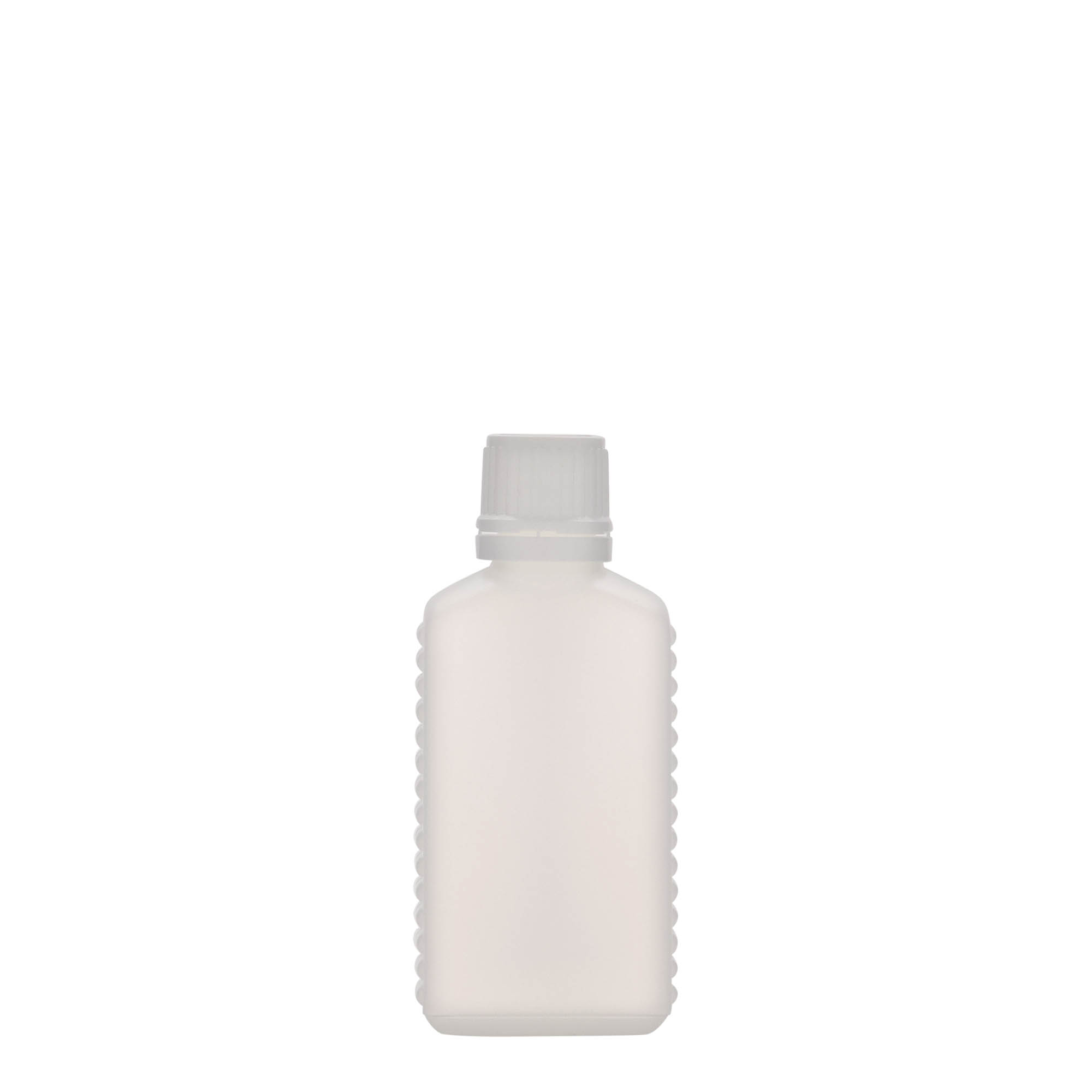 50 ml kanistrová fľaša s úzkym hrdlom, obdĺžniková, HDPE plast, prírodná, hrdlo: DIN 18