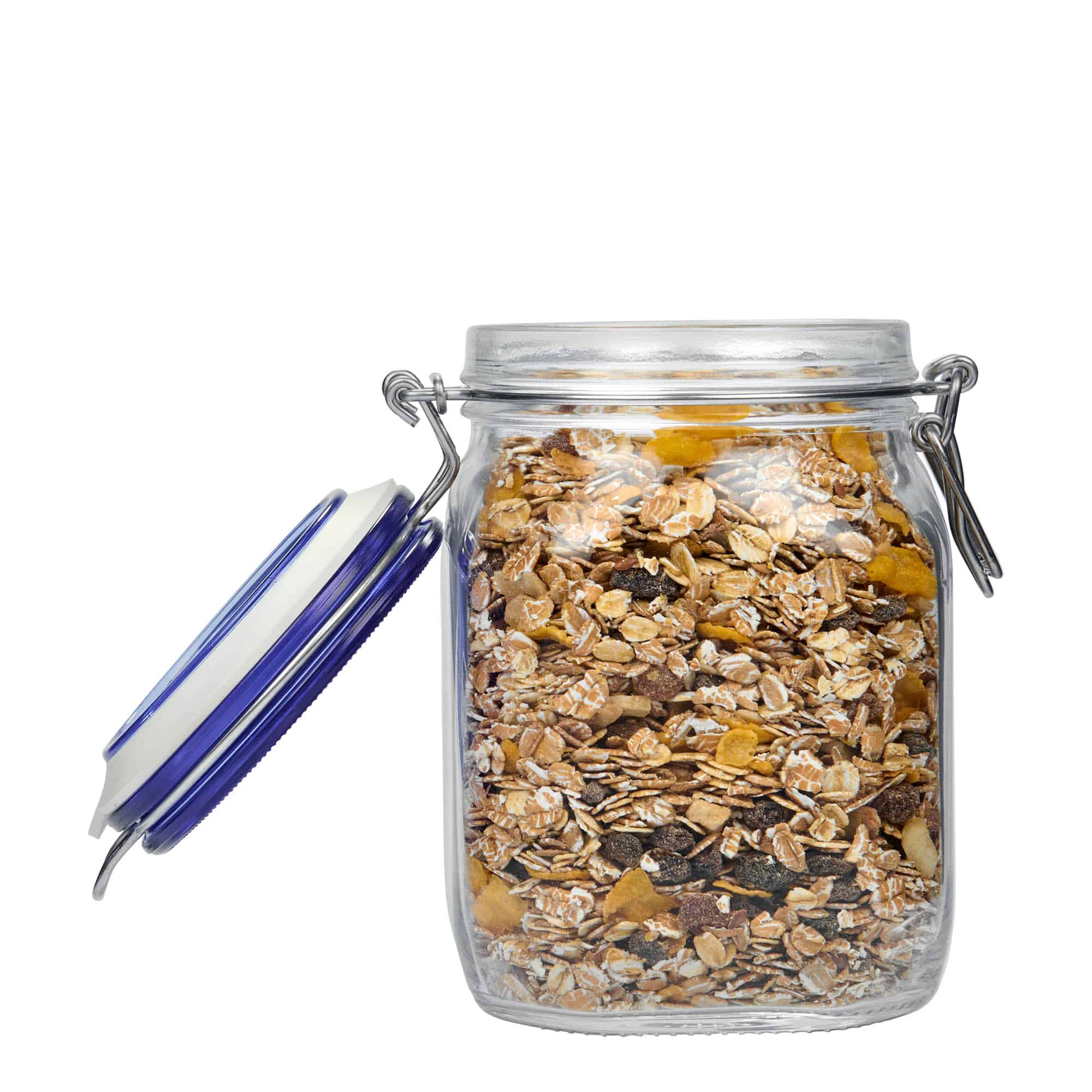 1 000 ml drôtené uzáverové sklo „Fido“ modrý vrch, štvorcové, hrdlo: drôtený uzáver