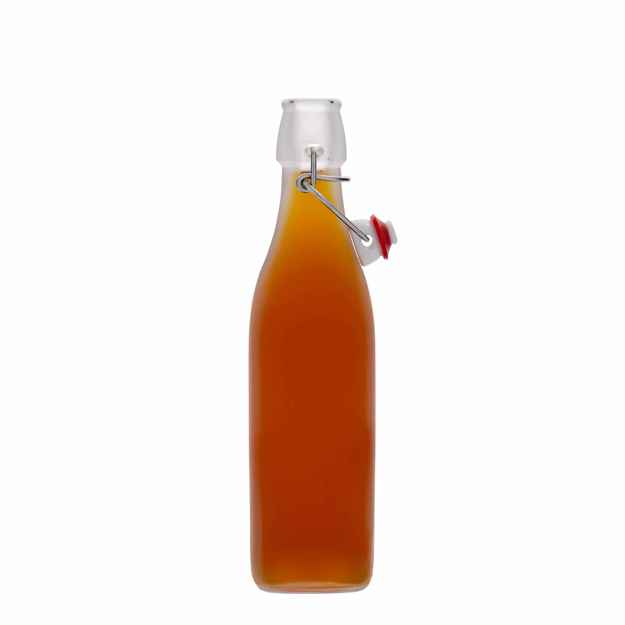 500 ml sklená fľaša „Swing, štvorcová, biela farba, hrdlo: strmeňový uzáver