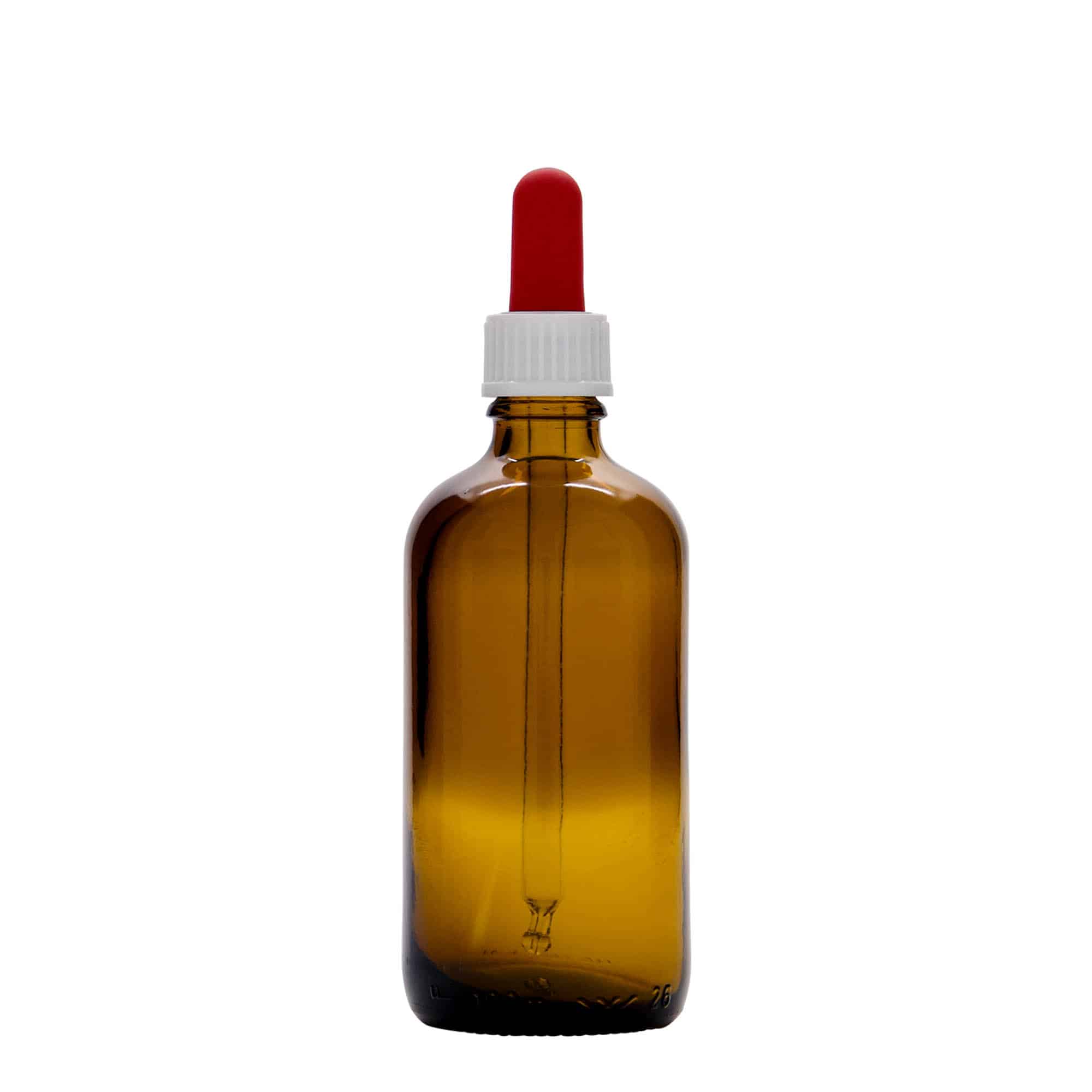 100 ml liekovka s pipetou, sklená, hnedá – červená farba, hrdlo: DIN 18 100 ml liekovka s pipetou, sklená, hnedá – červená farba, hrdlo: DIN 18