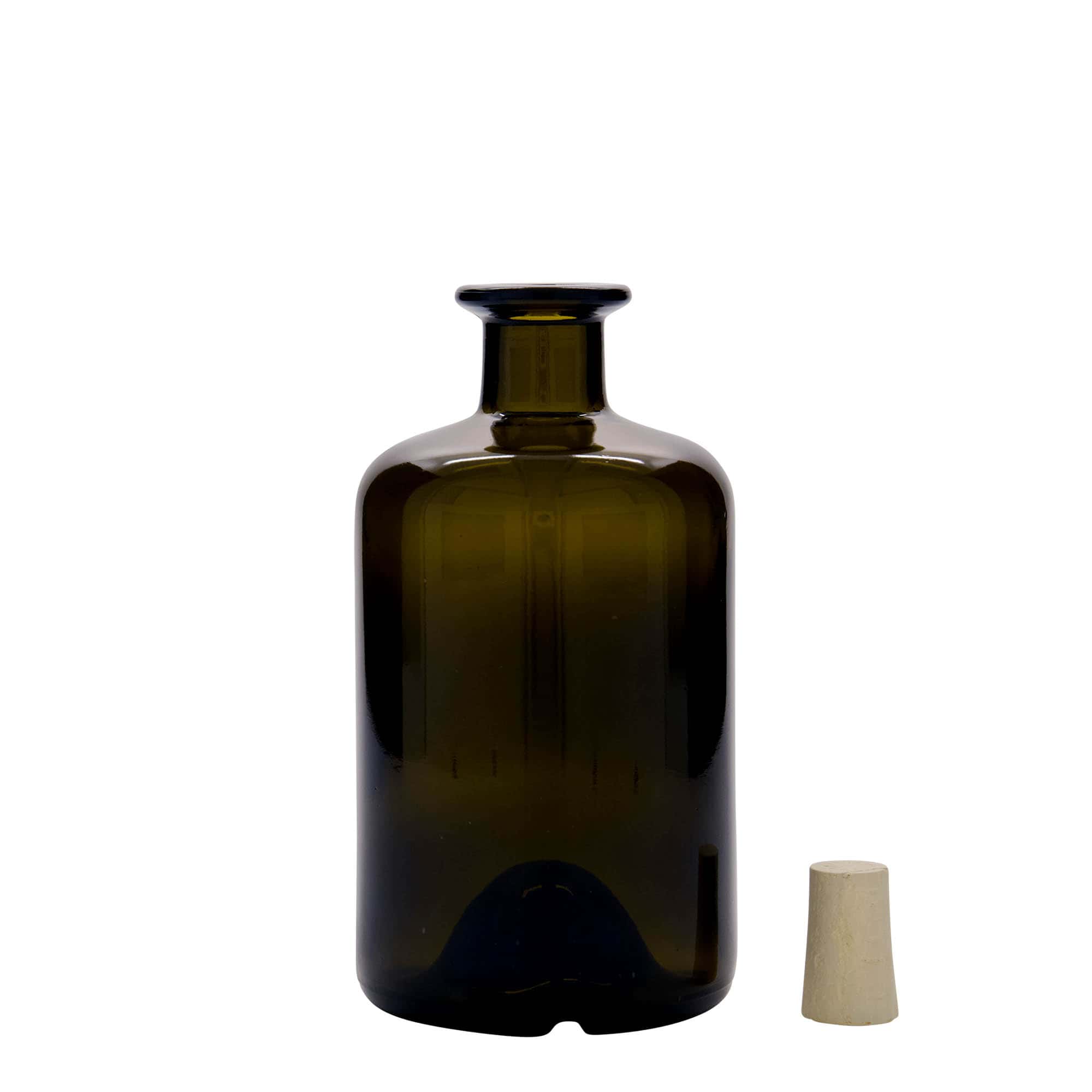 500 ml sklená fľaša lekárnická, antická zelená farba, hrdlo: korok