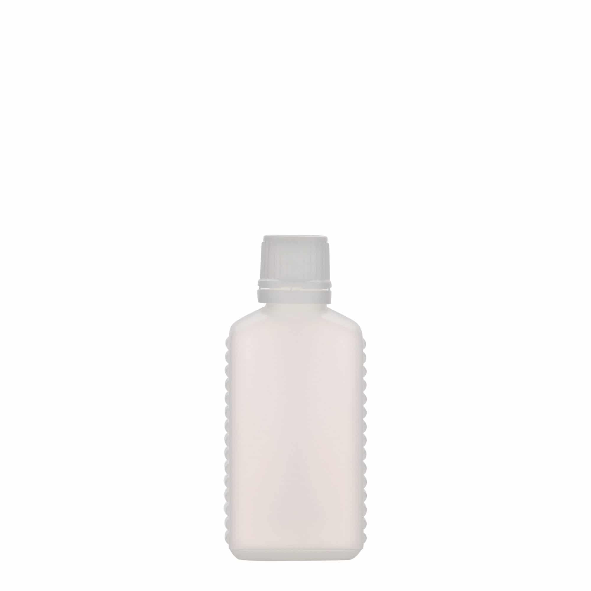 50 ml bandasková fľaša úzke hrdlo, obdĺžniková, HDPE plast, prírodná farba, hrdlo: DIN 18