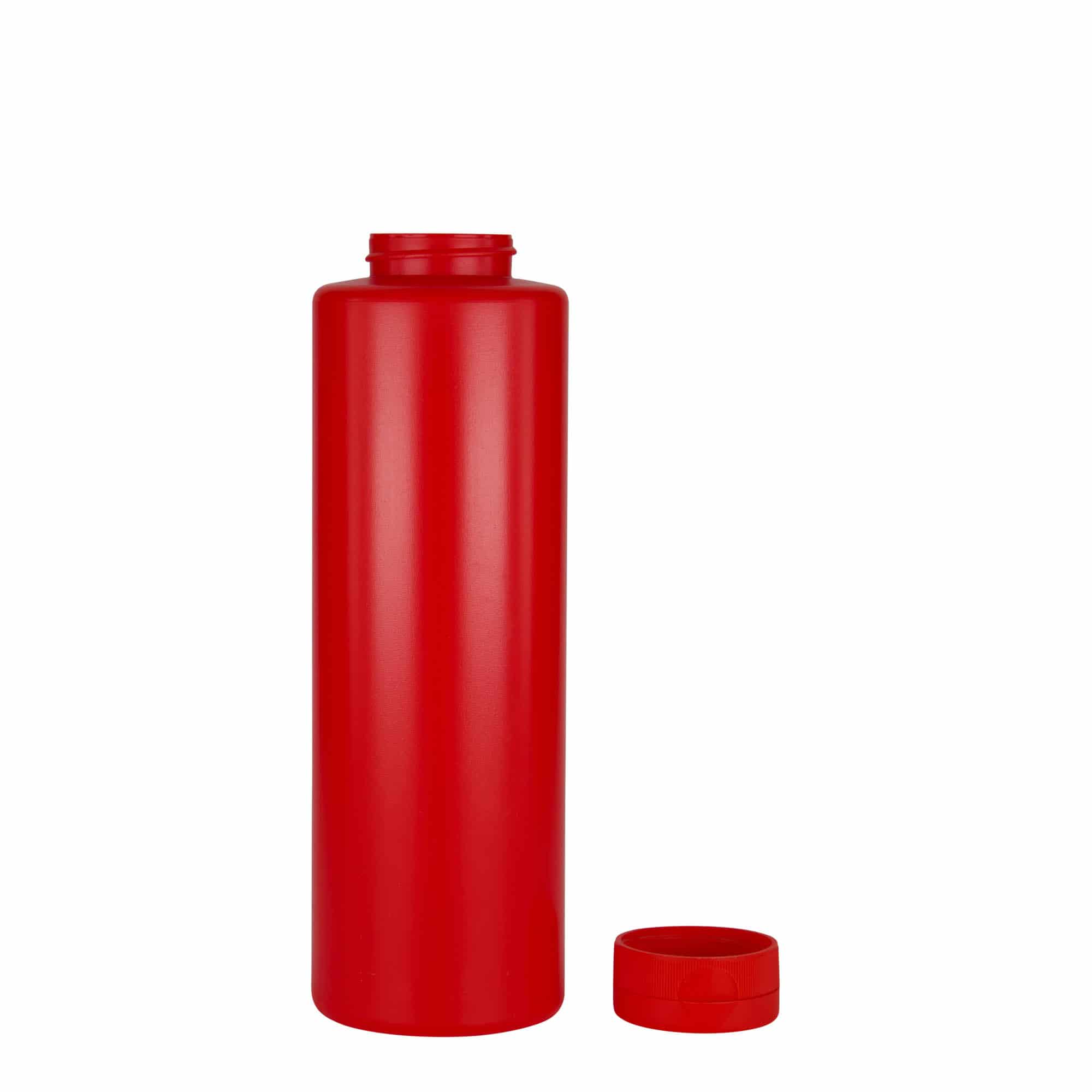 500 ml fľaša na omáčku, LDPE plast, červená farba, hrdlo: GPI 38/400