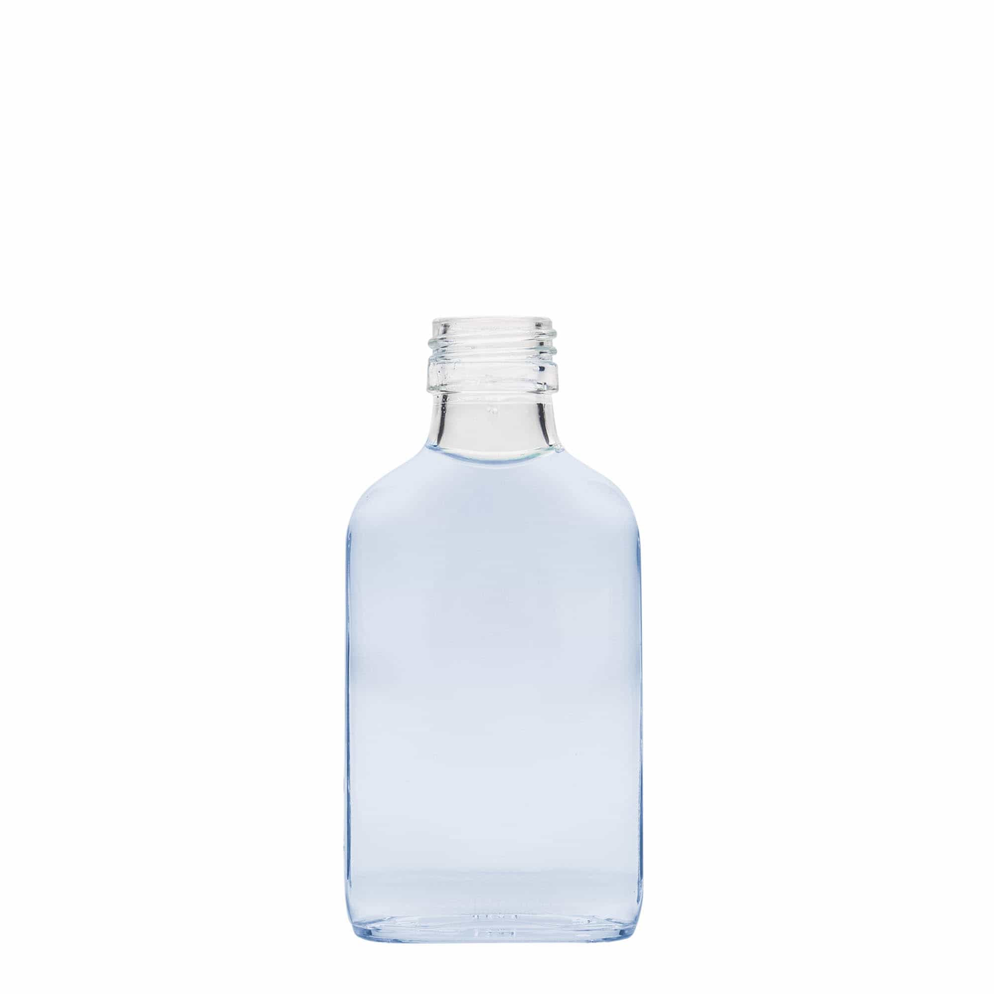 100 ml vrecková fľaša, obdĺžniková, sklená, hrdlo: PP 28