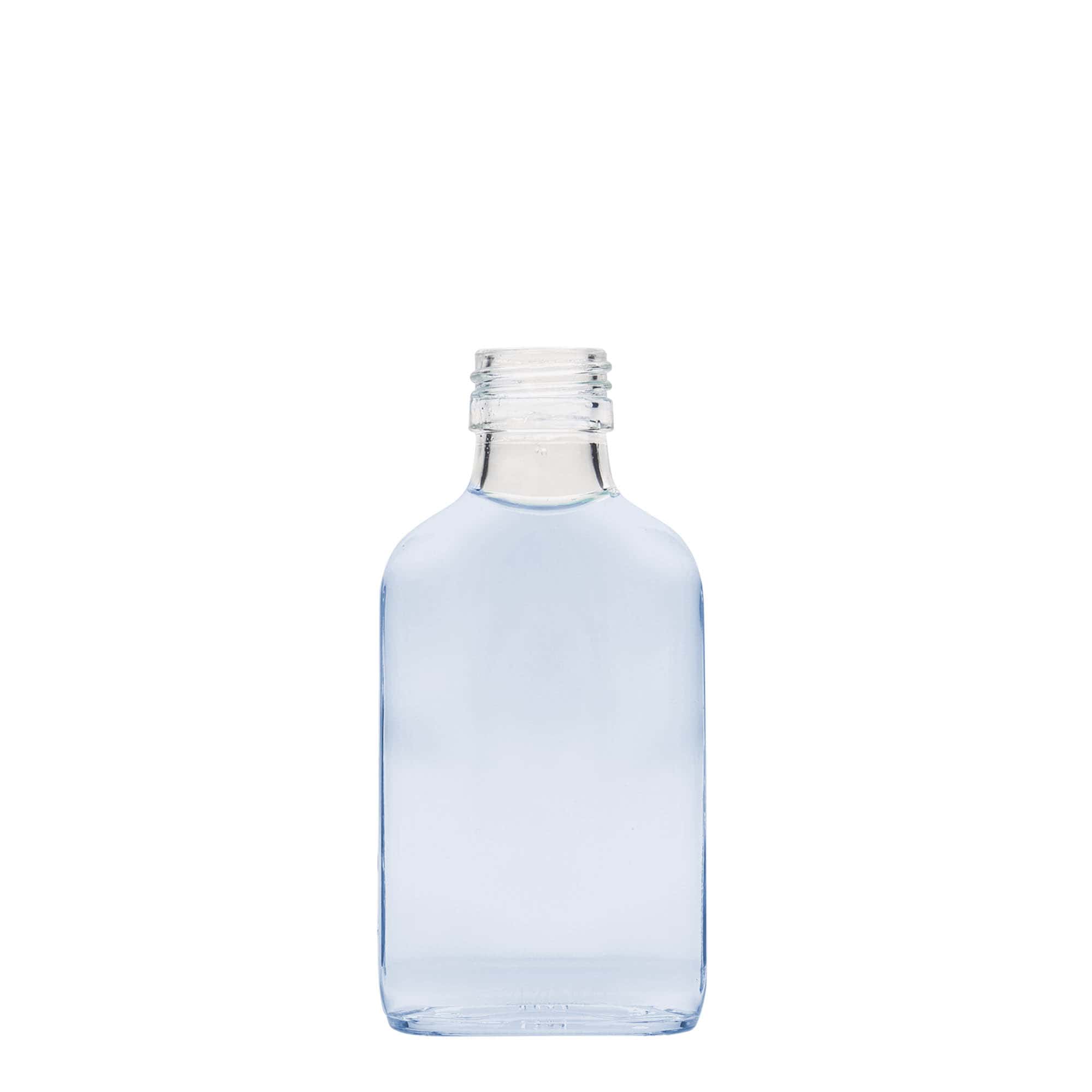 100 ml vrecková fľaša, obdĺžniková, sklo, hrdlo: PP 28