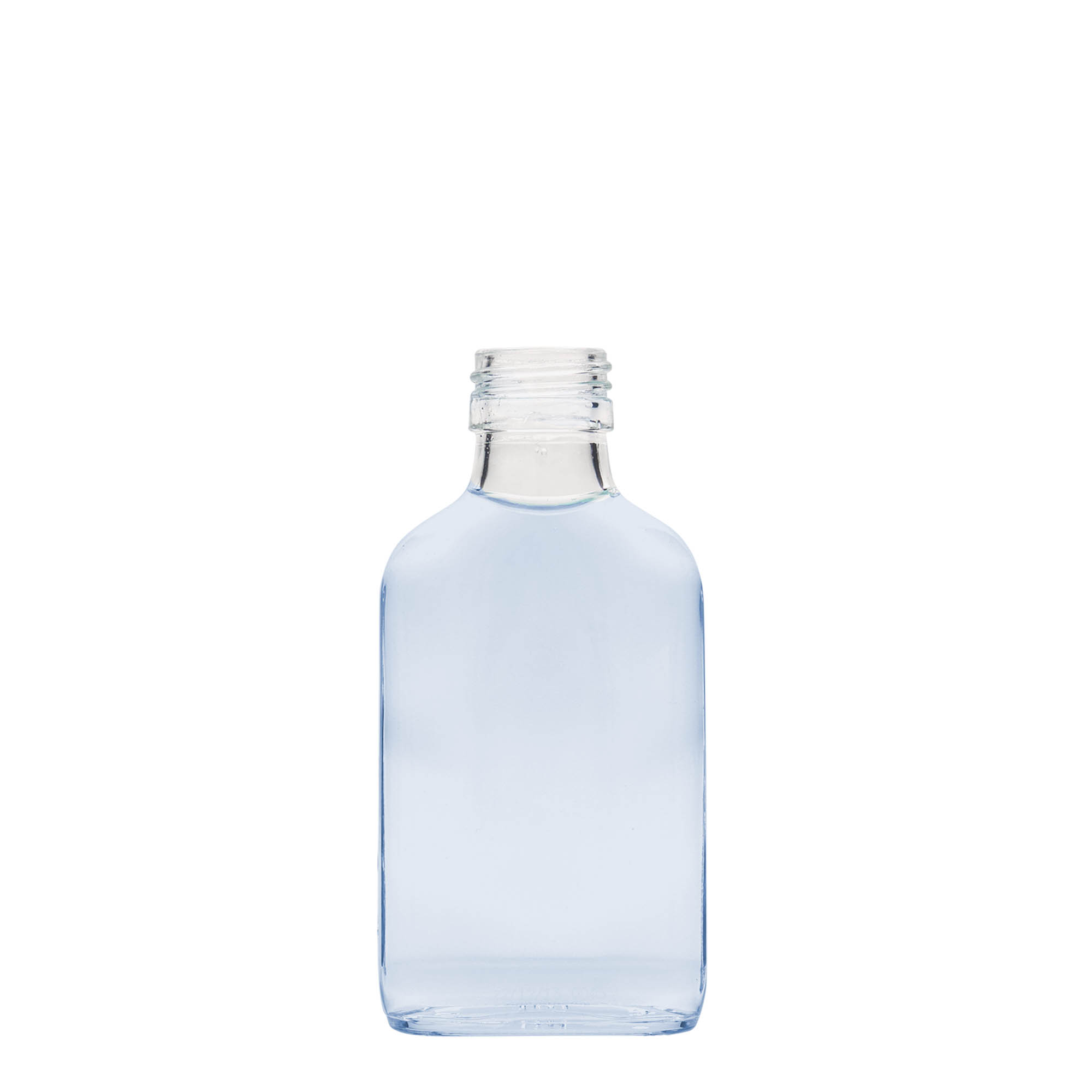 100 ml vrecková fľaša, obdĺžniková, sklo, hrdlo: PP 28 100 ml vrecková fľaša, obdĺžniková, sklo, hrdlo: PP 28