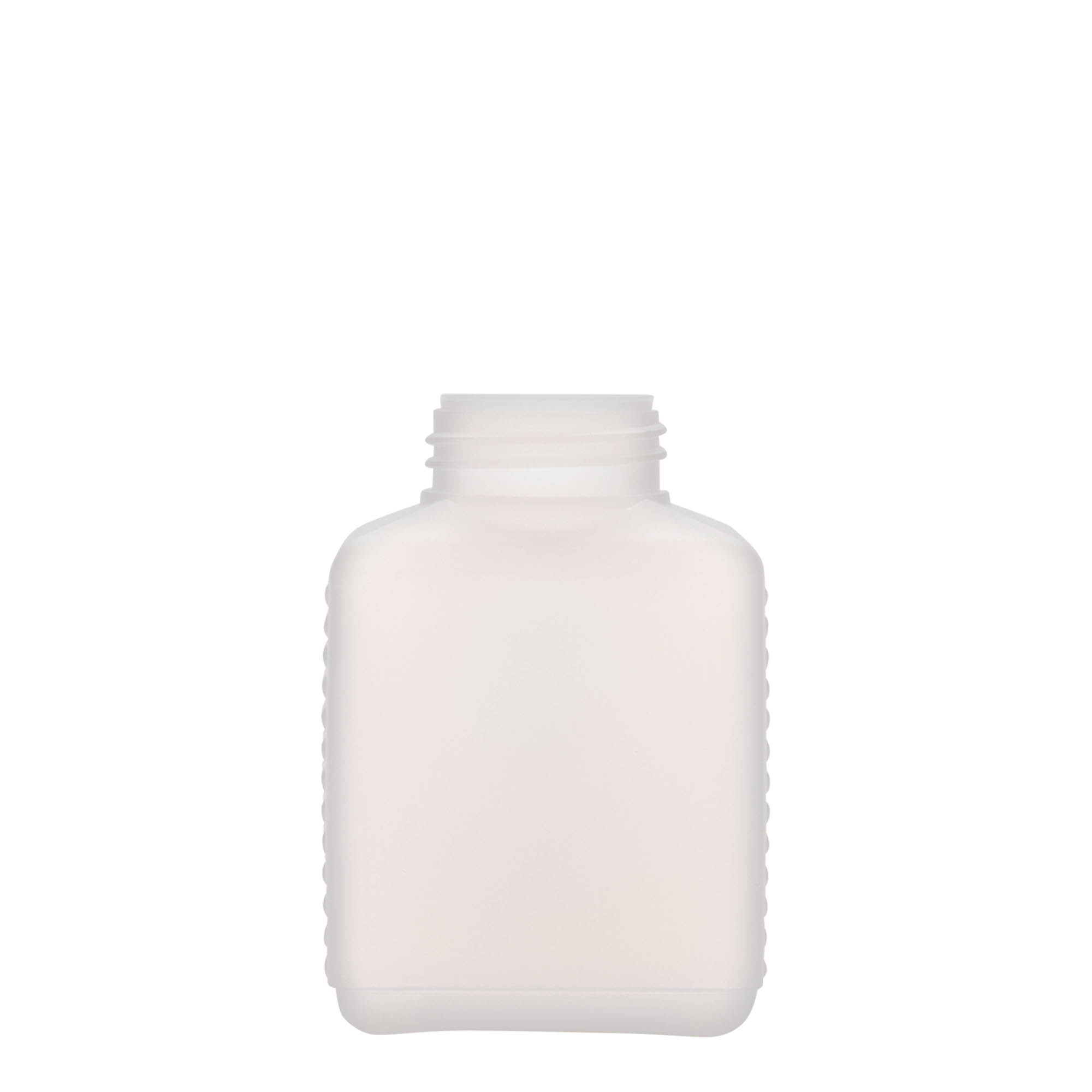 250 ml fľaša s širokým hrdlom, obdĺžniková, HDPE plast, prírodná farba, hrdlo: DIN 40 EPE